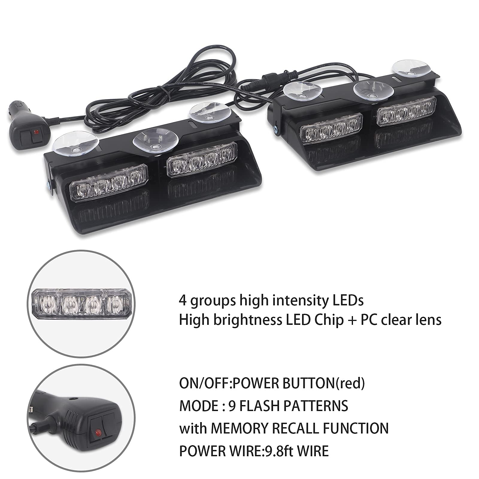 Xridonsen 2 In 1 Emergency Dash Strobe Lights Interior Windshield Lights Deck Split Amber White Warning Safety Flashing Lights W/Suction Cups For Construction Vehicles, Trucks (2×7.16 Inch, 16 Led)