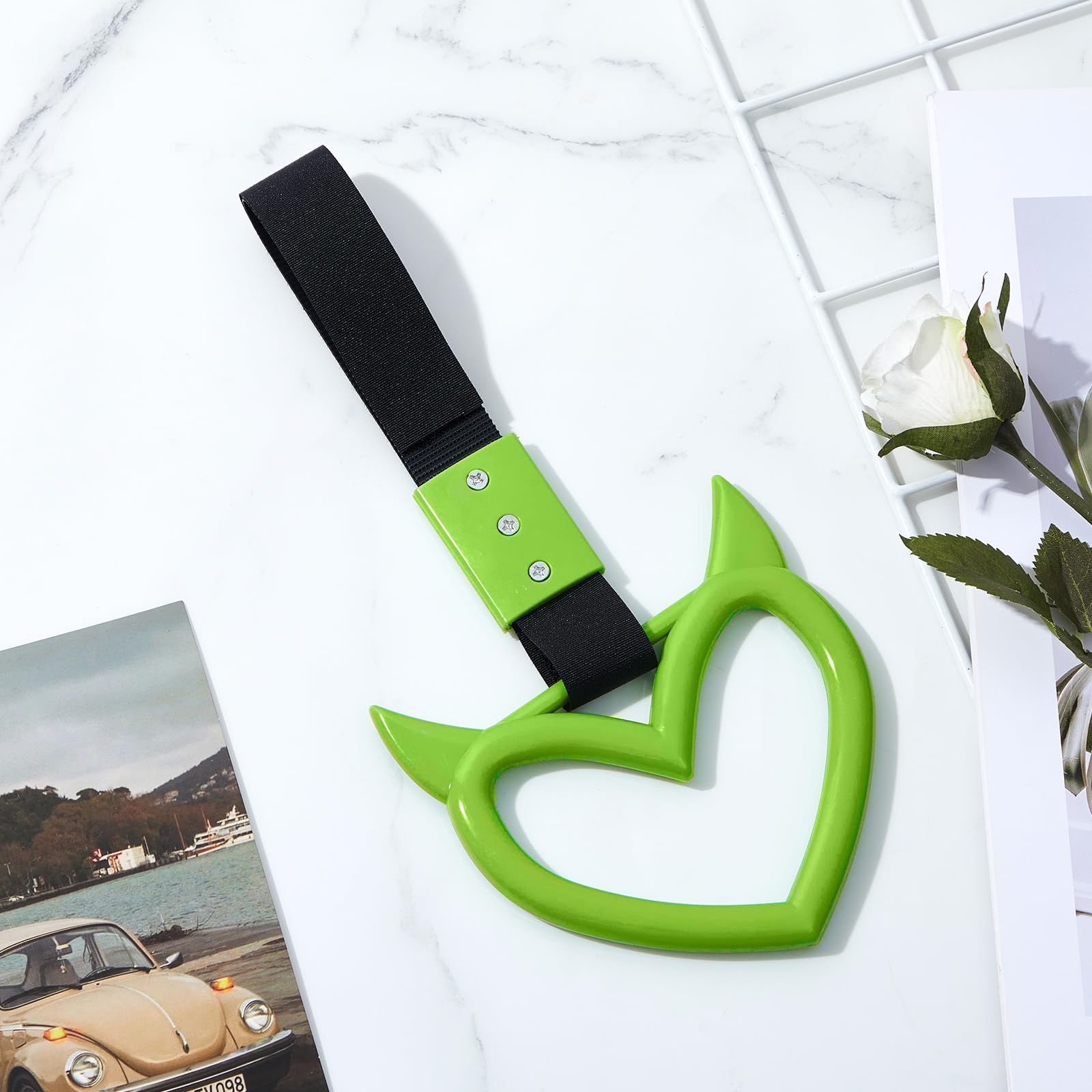 Fabbay 2 Pieces Heart Handle Keychains Car Accessory Heart Hand Strap Drift Charm For Car Interior Exterior Decoration(Green,Dev