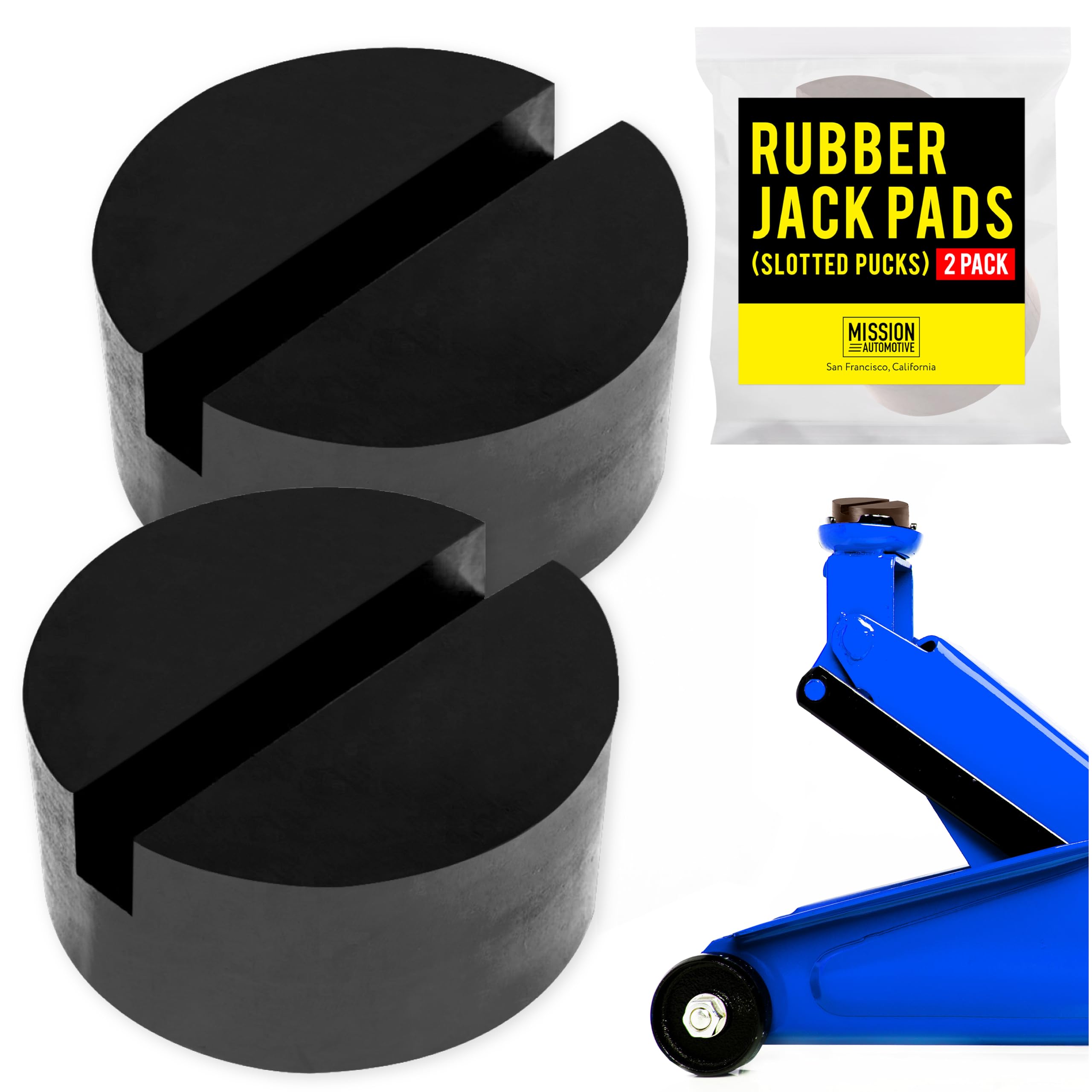 Mission Automotive 2-Pack Of Rubber Jack Pads (Slotted Pucks) - Universal, Standard-Size Adapter - Frame Rail Protector Puck/Pad