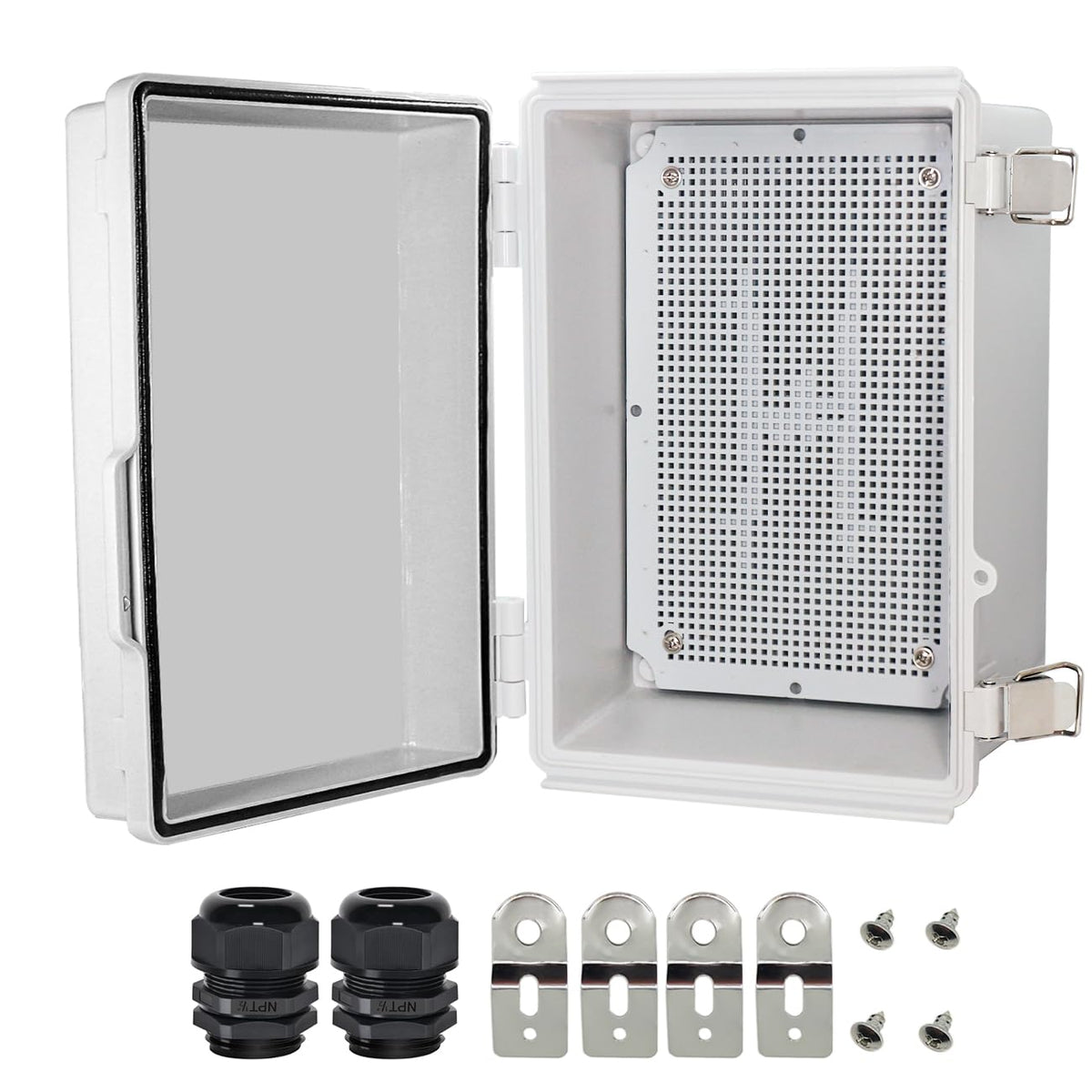 Zulkit Junction Box,Ip67 Waterproof Electrical Box Hinged Cover Stainless Steel Latch Plastic Enclosure For Project W Mounting Plate Wall Bracket And 2 Cable Gland Grey 11"X7.5"X5.5"/280X190X140Mm