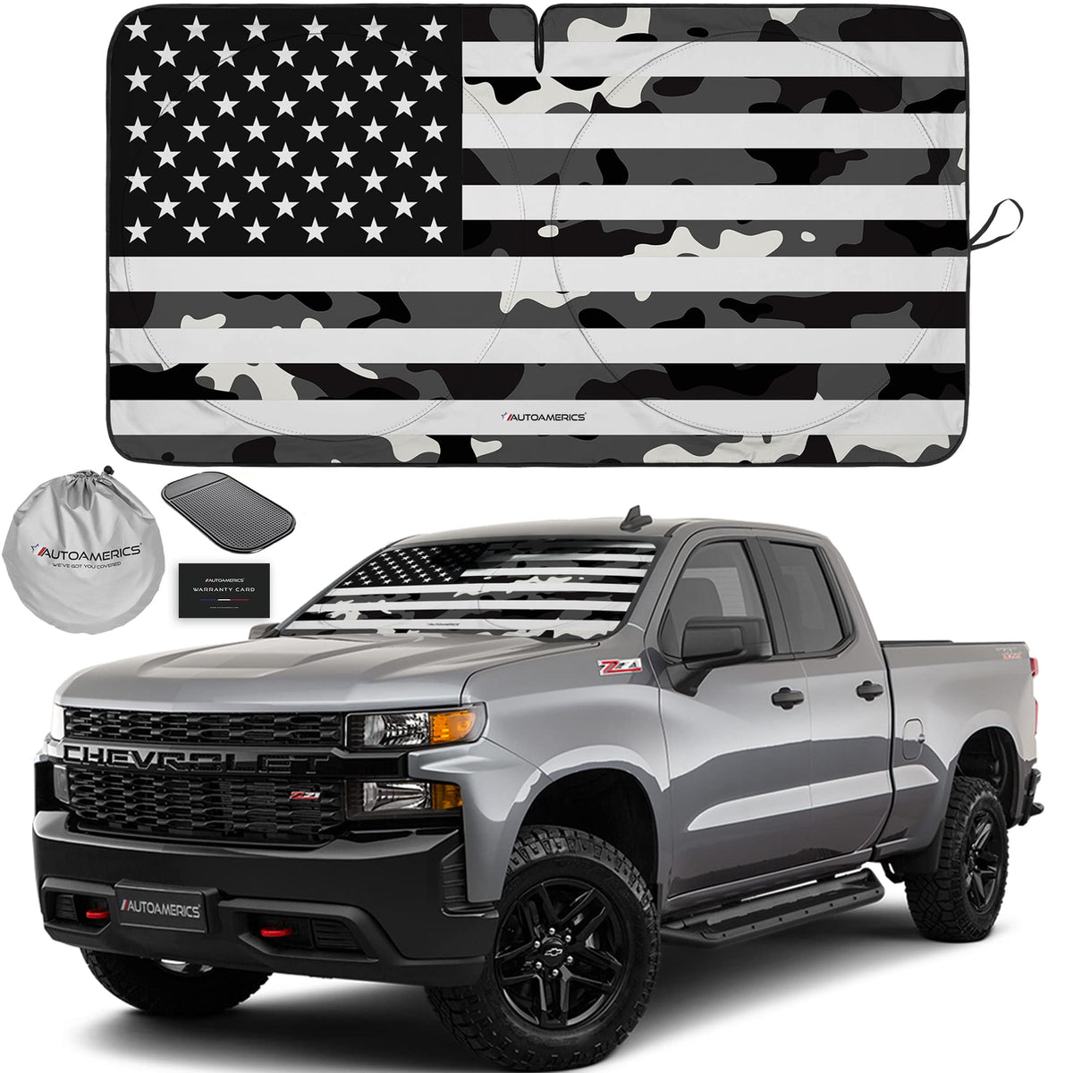 Autoamerics 1-Piece Windshield Sun Shade B&W Camo American Flag Usa Design - Foldable Car Front Window Sunshade For Most Sedans