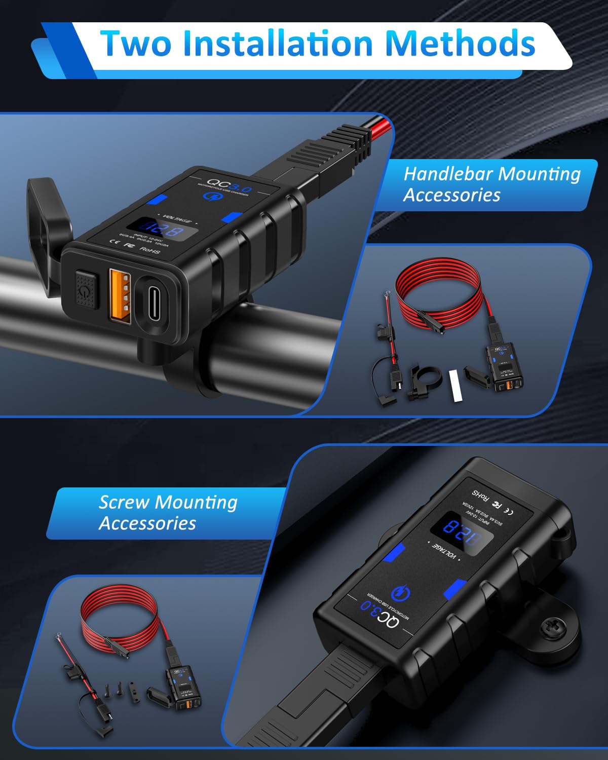 Randpow Motorcycle Phone Charger, 6.4A Dual Usb Quick Charge 3.0 Type C Pd Motorcycle Usb Charger With On/Off Switch, Waterproof