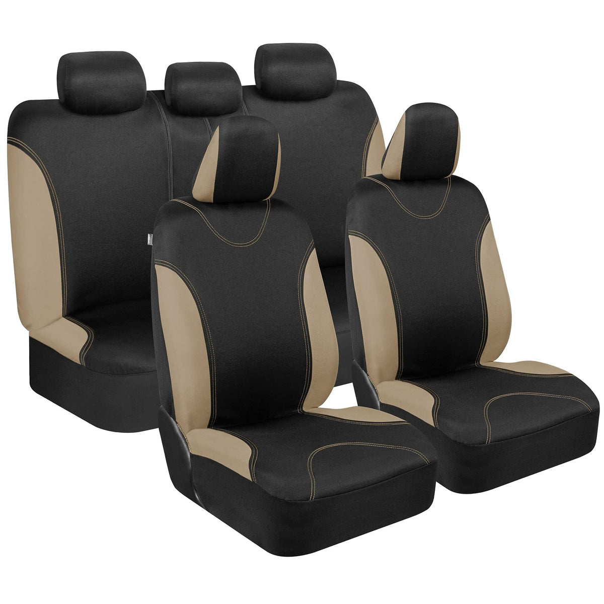 BDK UltraSleek Beige Seat Covers for Cars Full Set, Two-Tone Front Seat Covers with Matching Back Seat Cover, Stylish Car Seat P