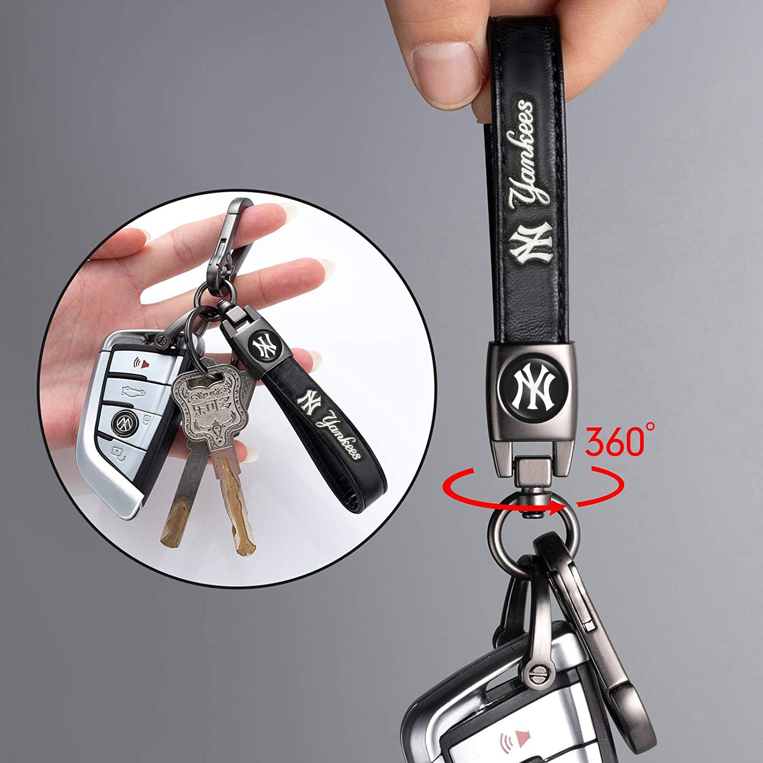 Laserswing For New York Yankees Baseball Fans Car Keychain Keyring Accessories, Leather Car Key Chain Replacement For Key Fob Ho
