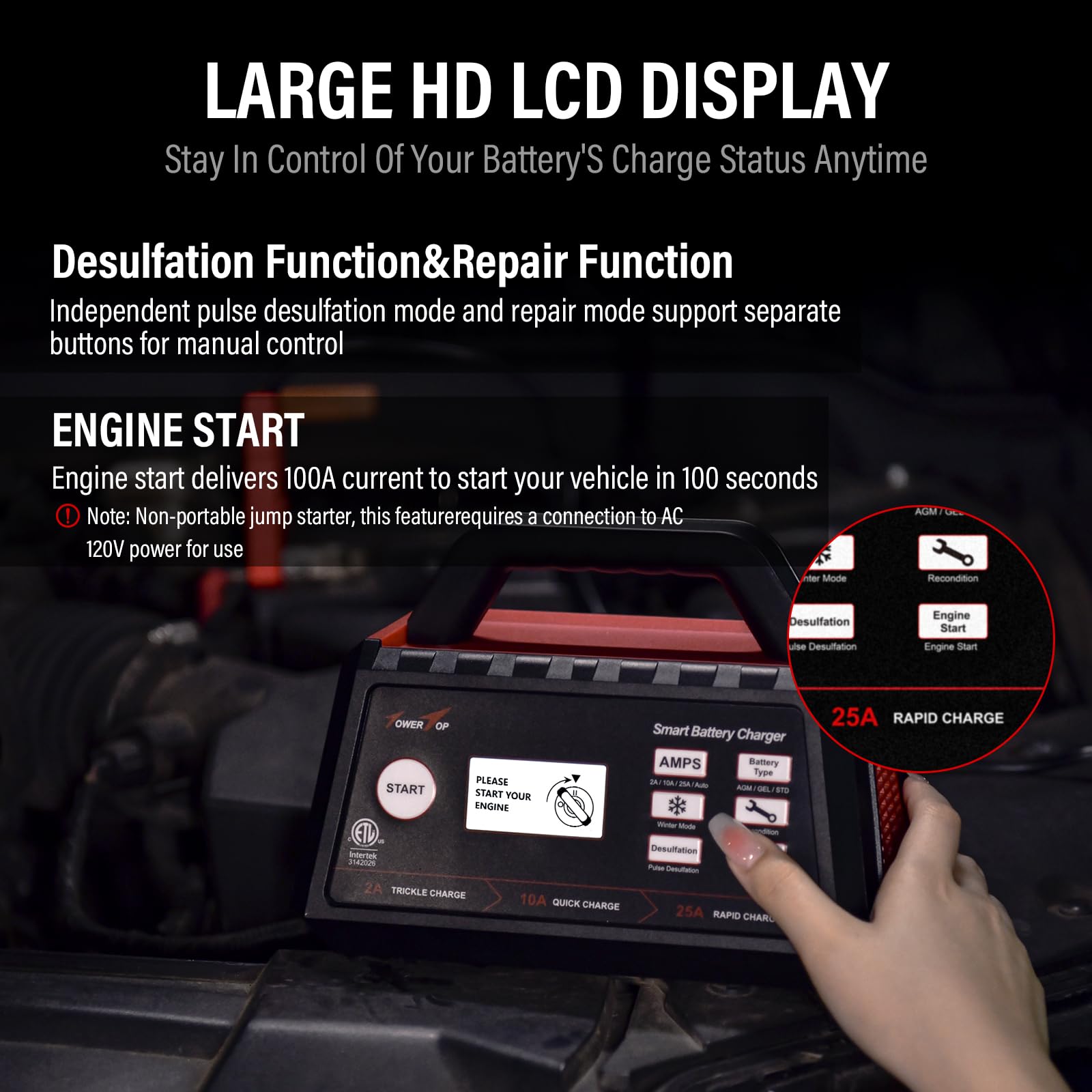 Towertop 2/10/25 Amp 12V Smart Car Battery Charger, Fully Automatic Battery Maintainer With Engine Start, Auto Desulfator, Battery Repair, Winter Mode, For Agm, Std, Gel, Deep Cycle Batteries