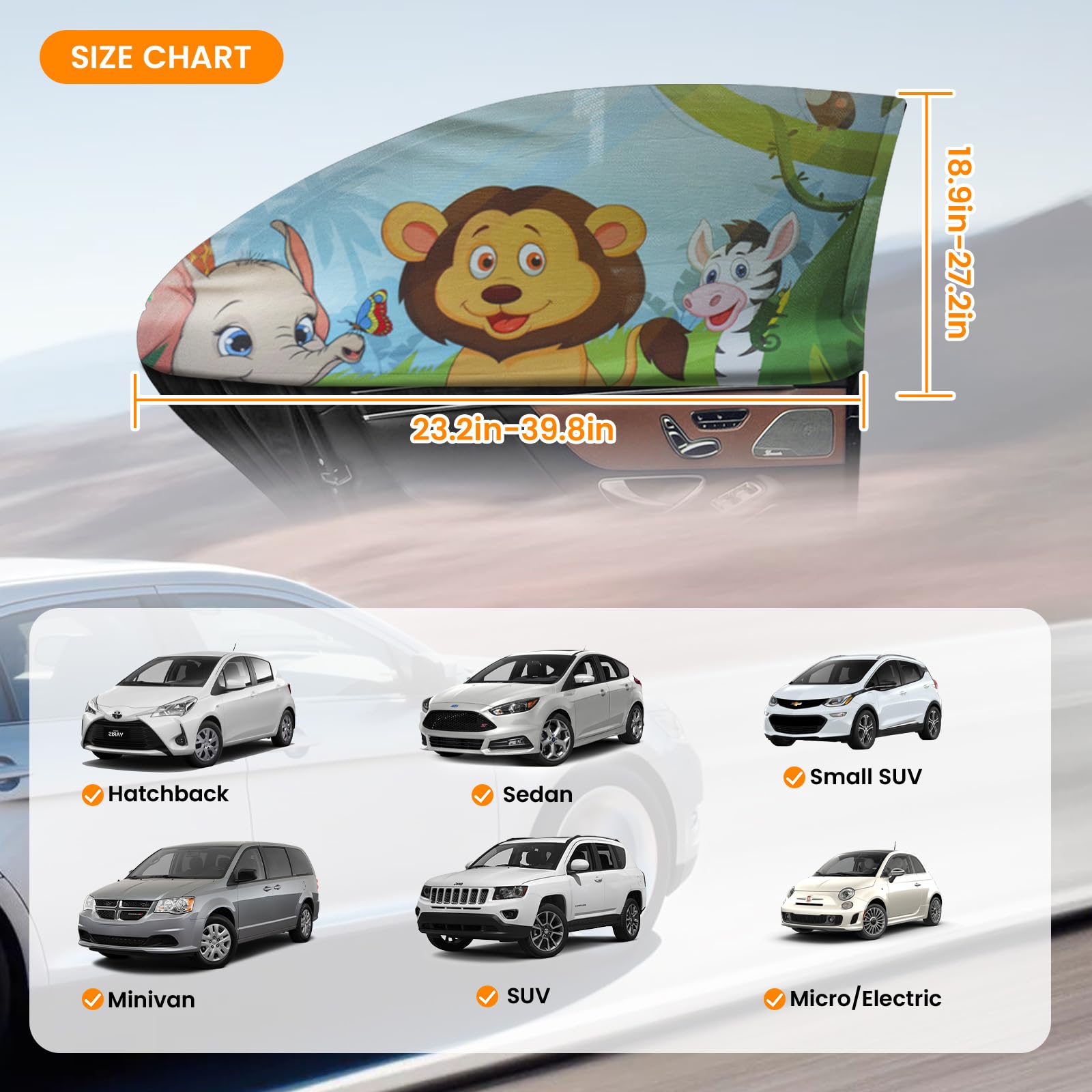 Pemotech Car Window Shade For Baby, 2 Pack Uv Protection Car Side Window Sun Shades Cartoon Animal Design, Universal Stretchable
