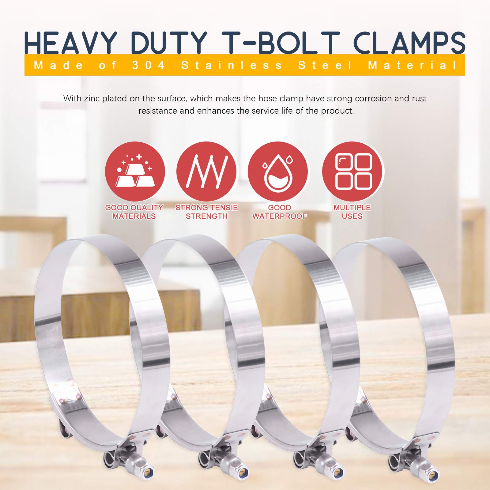 Hilitchi 5Pcs Stainless Steel T-Bolt Clamps With Rounded Band Edges Heavy Duty Turbo Intake Intercooler Clamp (108-116Mm) For 4Inch
