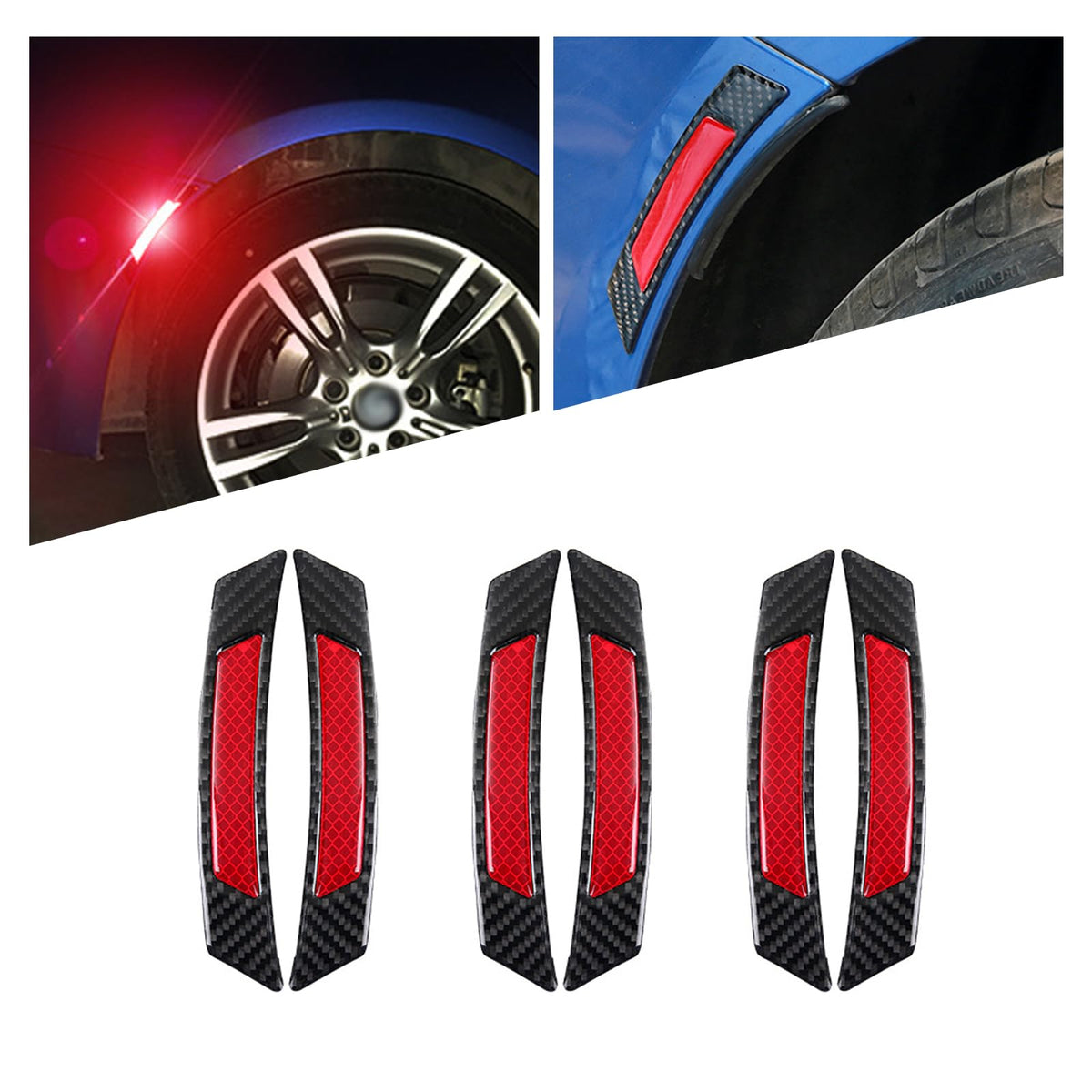 GKmow 6 PCS Car Wheel Eyebrow Reflective Stickers, Carbon Fiber Anti-Scratch Night Decoration, Bumper Fender Safety Reflective S