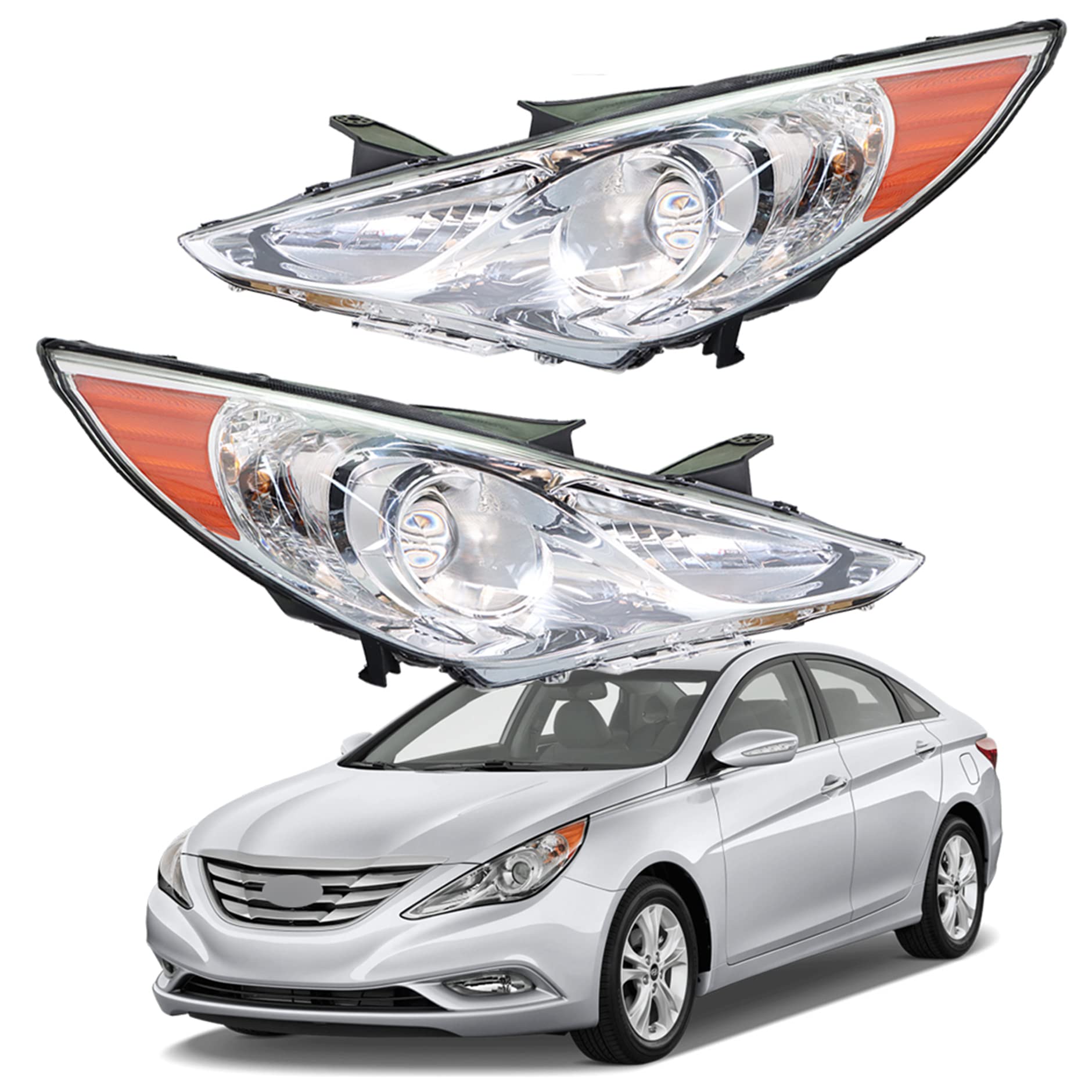 GENRICS Headlights Headlamp Replacement for 2011-2014 Hyundai Sonata Projector Headlight Clear Lens Amber Corner Pair Left and R