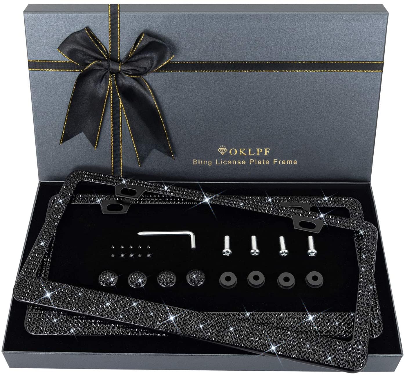 Oklpf Bling License Plate Frame For Women, 2Pcs Sparkly License Plate Frames| Over 1200 Pcs14 Facets Bedazzled Clear Glass Diamo