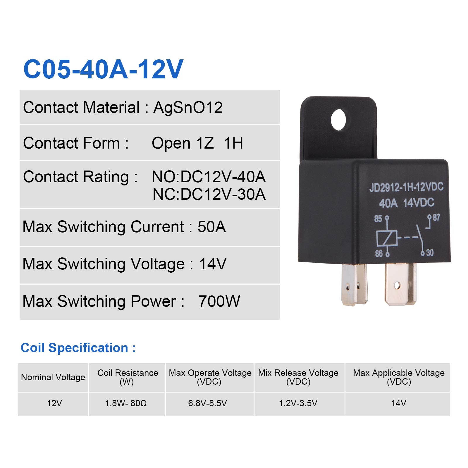 Ehdis Car Relay 4 Pin 12V 40Amp Spst Model No.: Jd2912-1H-12Vdc 40A 14Vdc, Auto Switches & Starters,Pack Of 2