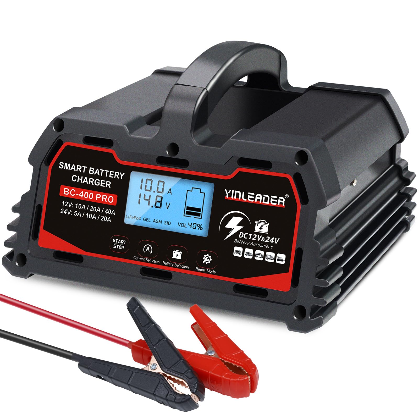 Battery Charger 40A, 12V/24V Lead Acid Smart Battery Charger, 12V LiFePO4 Car Battery Trickle Charger, Automatic Battery Maintai
