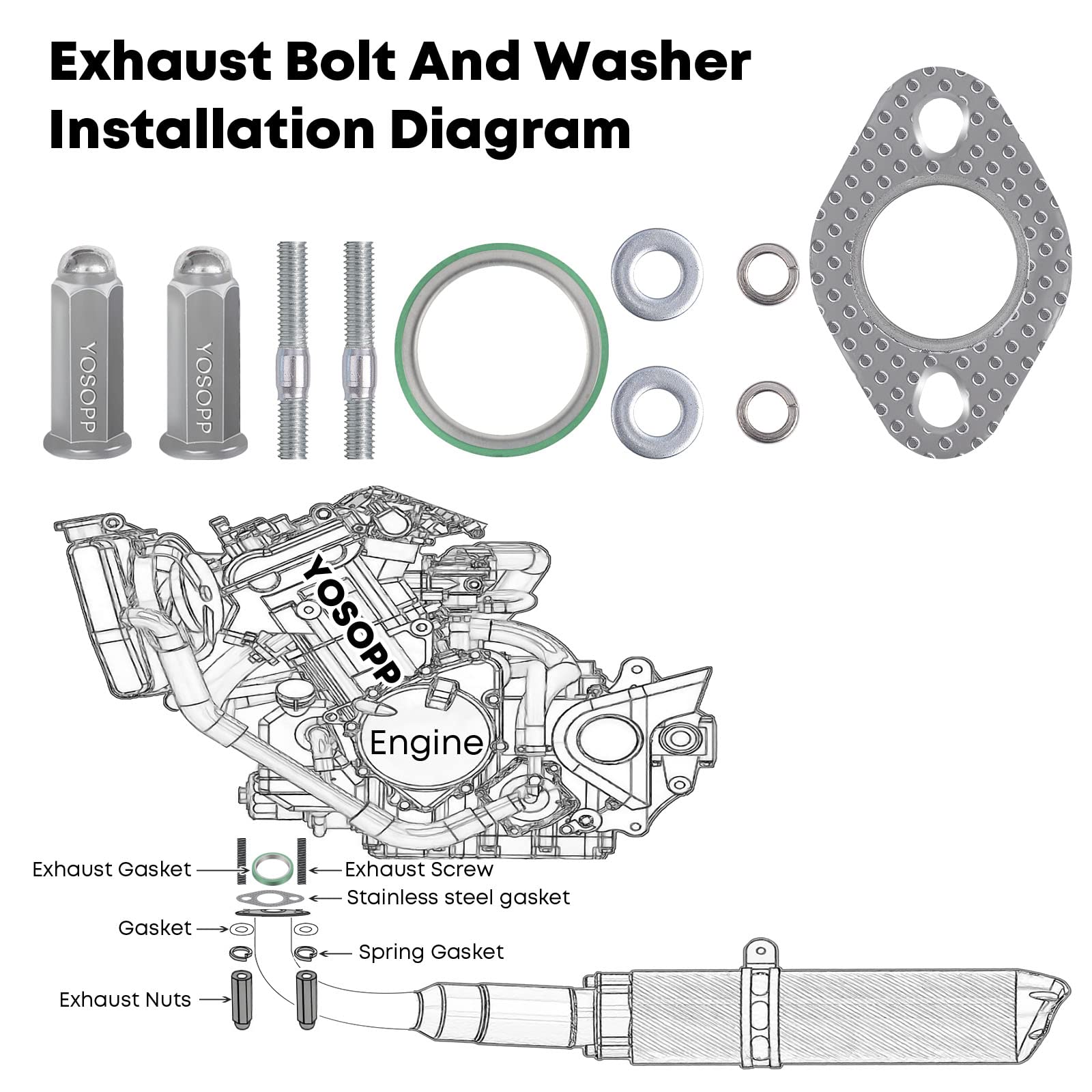 Yosopp Gy6 Exhaust Bolt Nuts Exhaust Gasket For Scooters Atvs Gmb139 Engine Moped Quad 4 Wheeler Dune Buggy Go Karts Taotao Sunl Coolster Jonway Roketa Sandrail 50Cc 90Cc 110Cc 125Cc 150Cc (Silver)