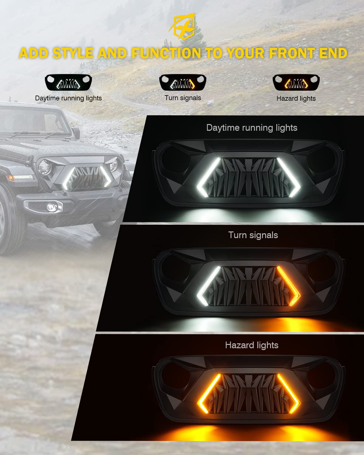 Xprite Front Grill Replacement Compatible With 2018-2025 Jeep Wrangler Jl Jlu & 2020+ Gladiator Jt, Matte Black Shark Grille W/R