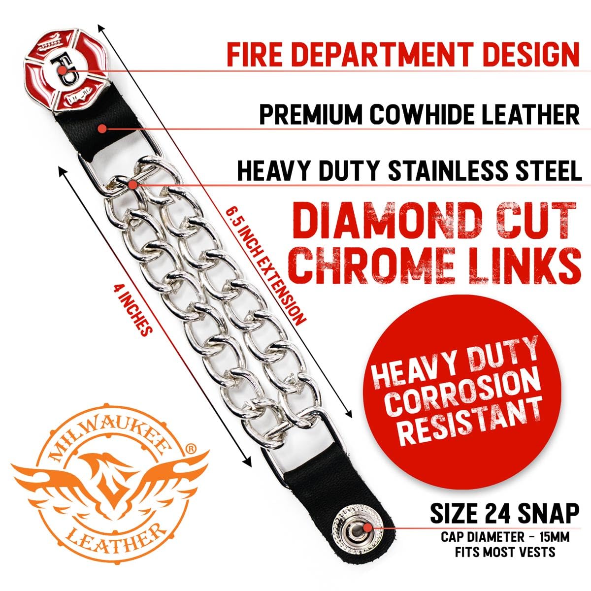 Milwaukee Leather Fire Department Medallion Vest Extender - Double Chrome Chains Genuine Leather 6.5'' Extension 4-PCS MLA6012SE