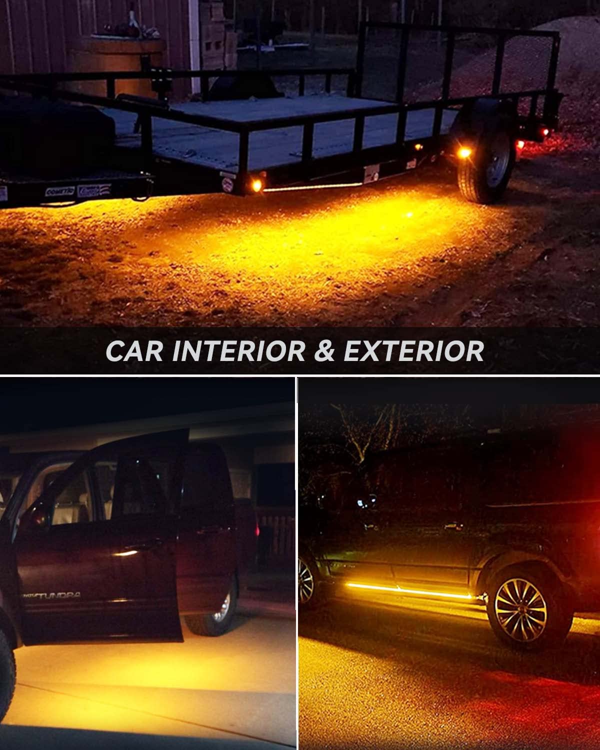 Car Led Strip Lights 24' Connectable Amber Led Light Strips For Cars Interior Lights Boat Marine Golf Cart Trucks Waterproof Yellow Led Strip 12V, 4Pack