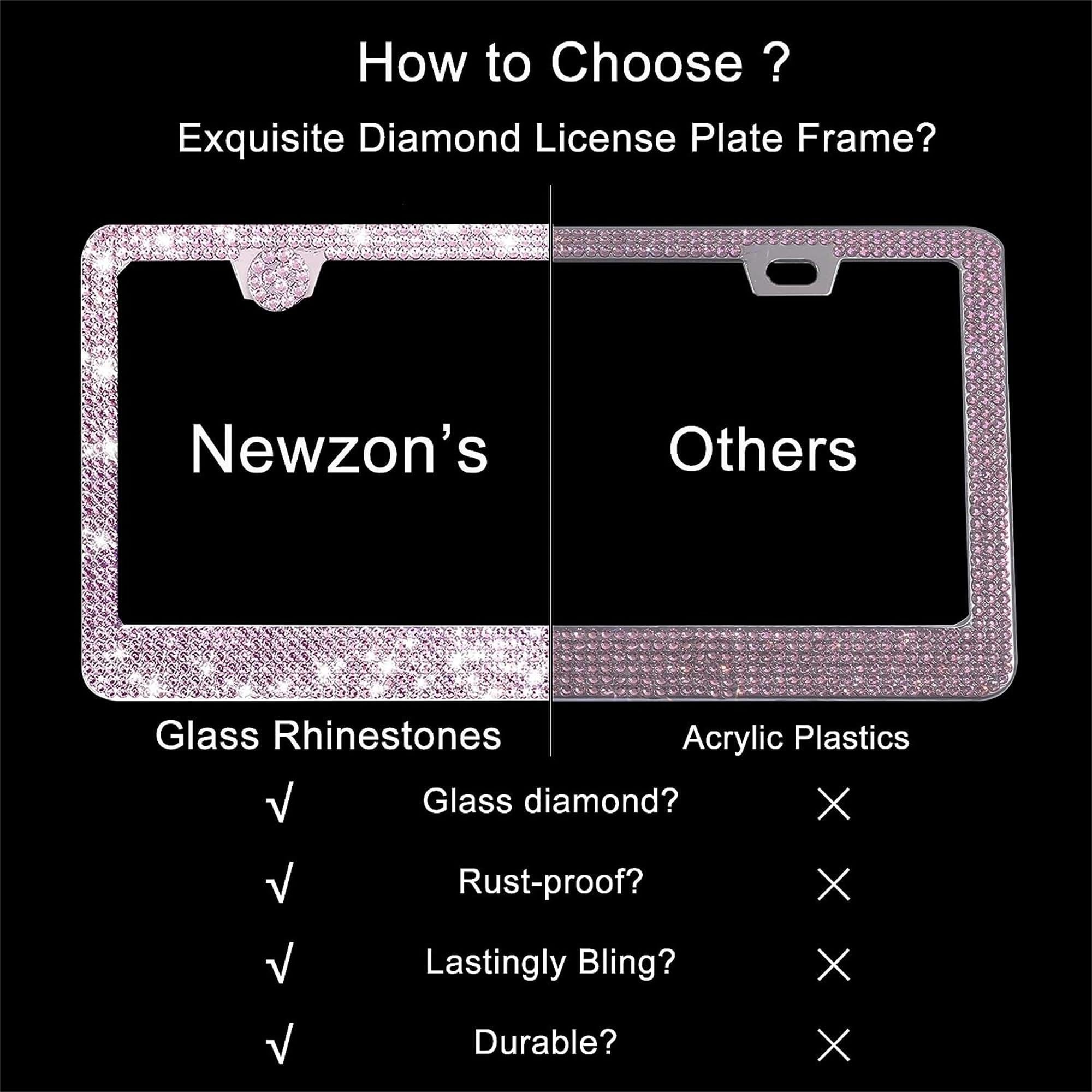 Newzon Pink Sparkly License Plate Frame For Women, 2 Pieces Pink Glitter License Plate Frame, Diamond Thickened Stainless Steel