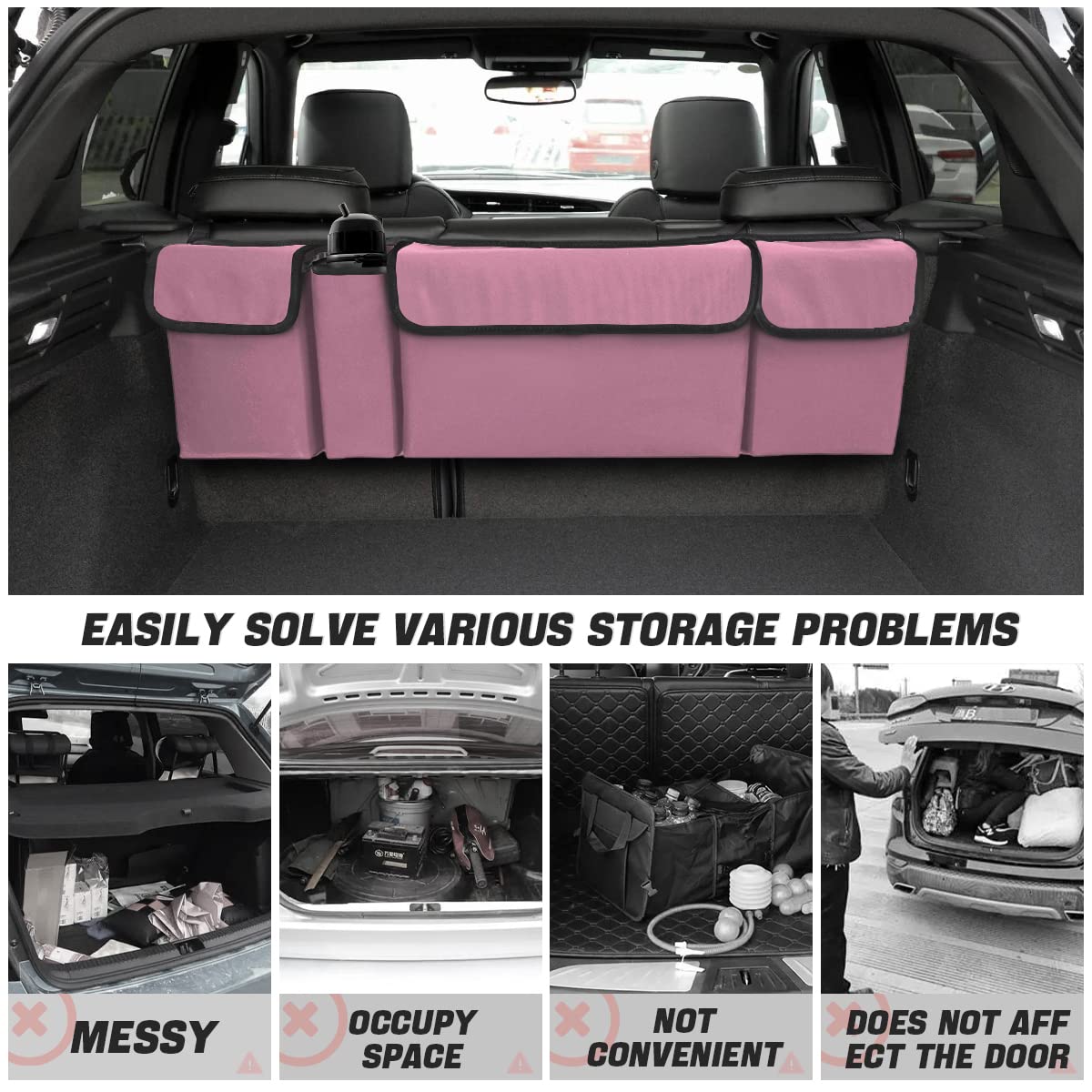 Auceli Car Trunk Organizer, Backseat Hanging Large Storage With Adjustable Straps, Waterproof Collapsible Cargo Bag With 4 Pocke