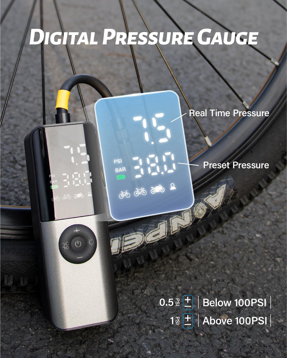 Gputek Mini Bike Electric Air Pump: 150Psi Portable Bicycle Tire Pump With Digital Pressure Gauge For Road, Mountain, E-Bike, Mo