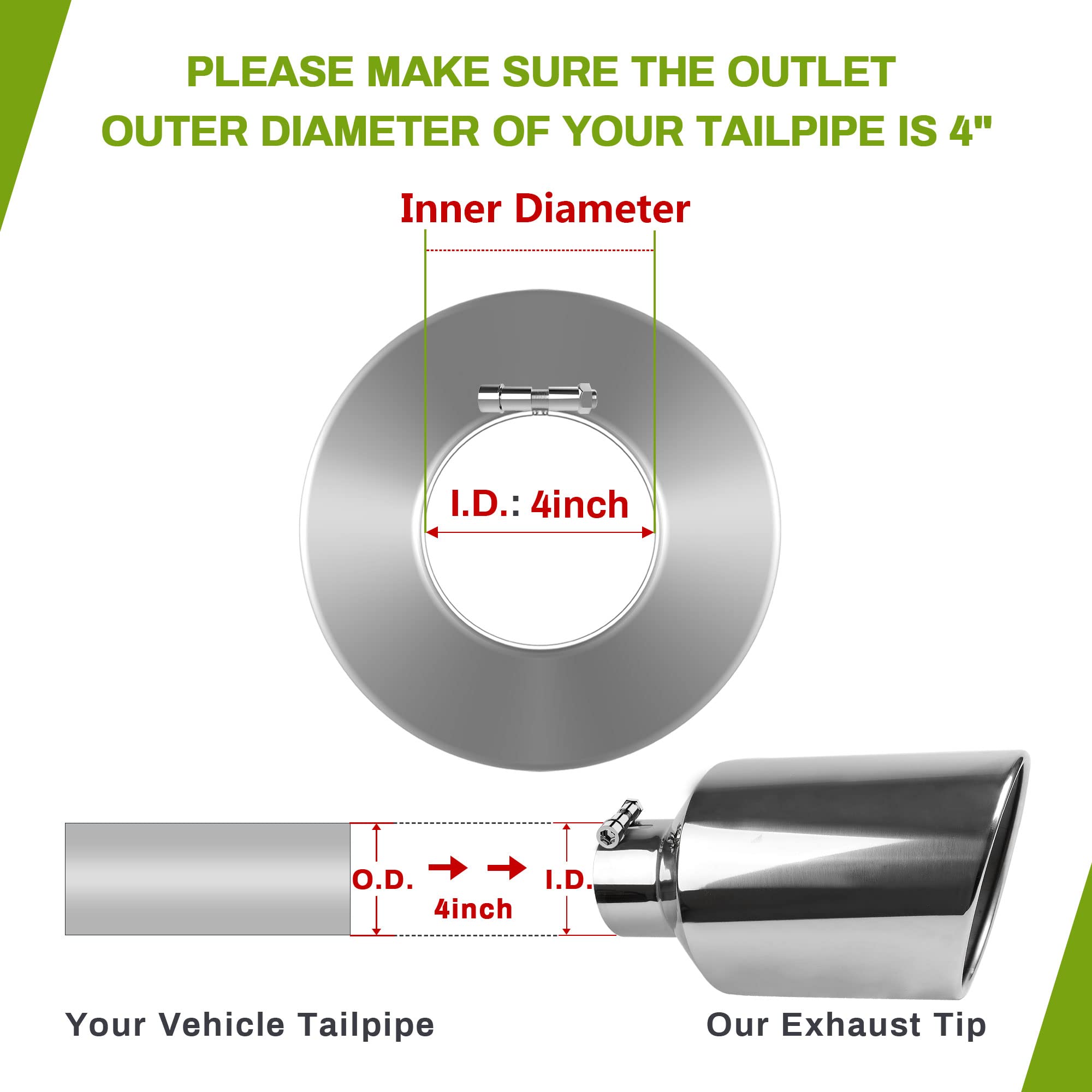 Autosaver88 4 Inch Inlet Exhaust Tip, 4' Inlet 8' Outlet 15' Overall Length Chrome-Plated Finish Stainless Steel Exhaust Tail Tip For 4' Outside Diameter Tailpipe, Rolled Angle Cut, Bolt-On, Polished