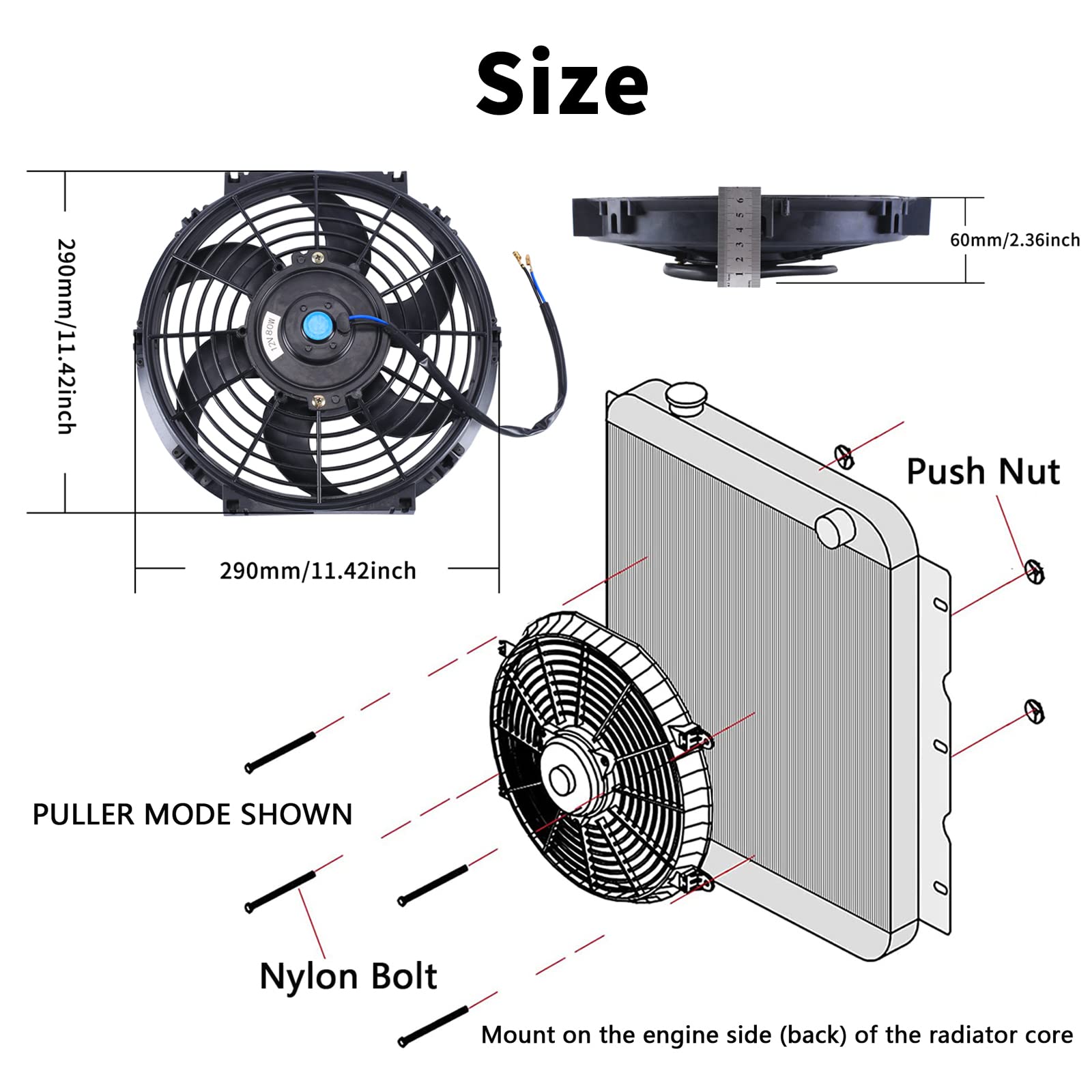 Fgjqefg 10 Inch Universal Slim Fan Push Pull Electric Radiator 12V 80W High Performance Cooling Fan Mount Kit Black 2 Pcs