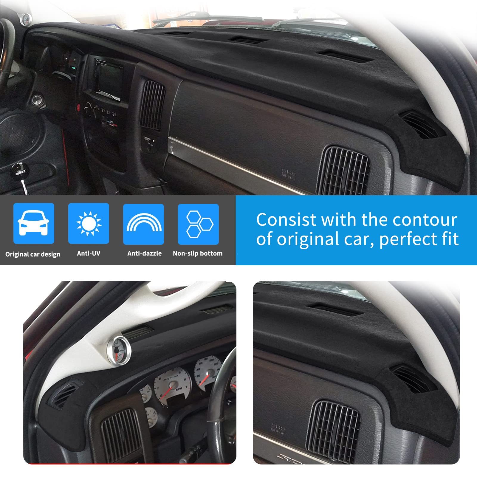 HanLanKa Dashboard Cover Dash Cover Mat Pad Compatible with 2002-2005 Dodge Ram 1500,2003-2005 Ram 2500/3500(Ram 02-05, Black)