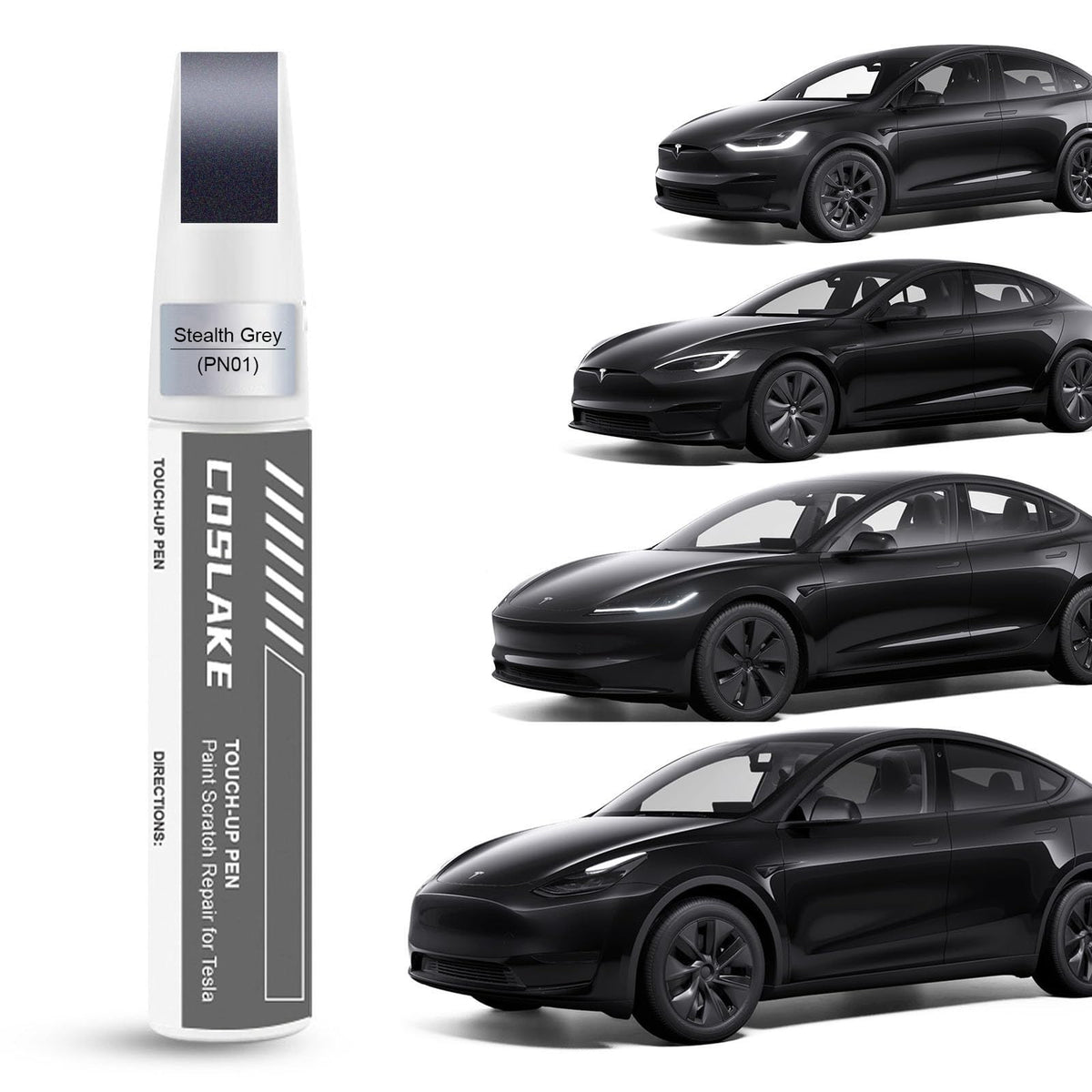 COSLAKE Car Touch Up Paint(Stealth Grey(PN01)) for Tesla Model Y/3/S/X, 2 in 1 DIY Car Paint Scratch Repair Kit with Pen Tip & B