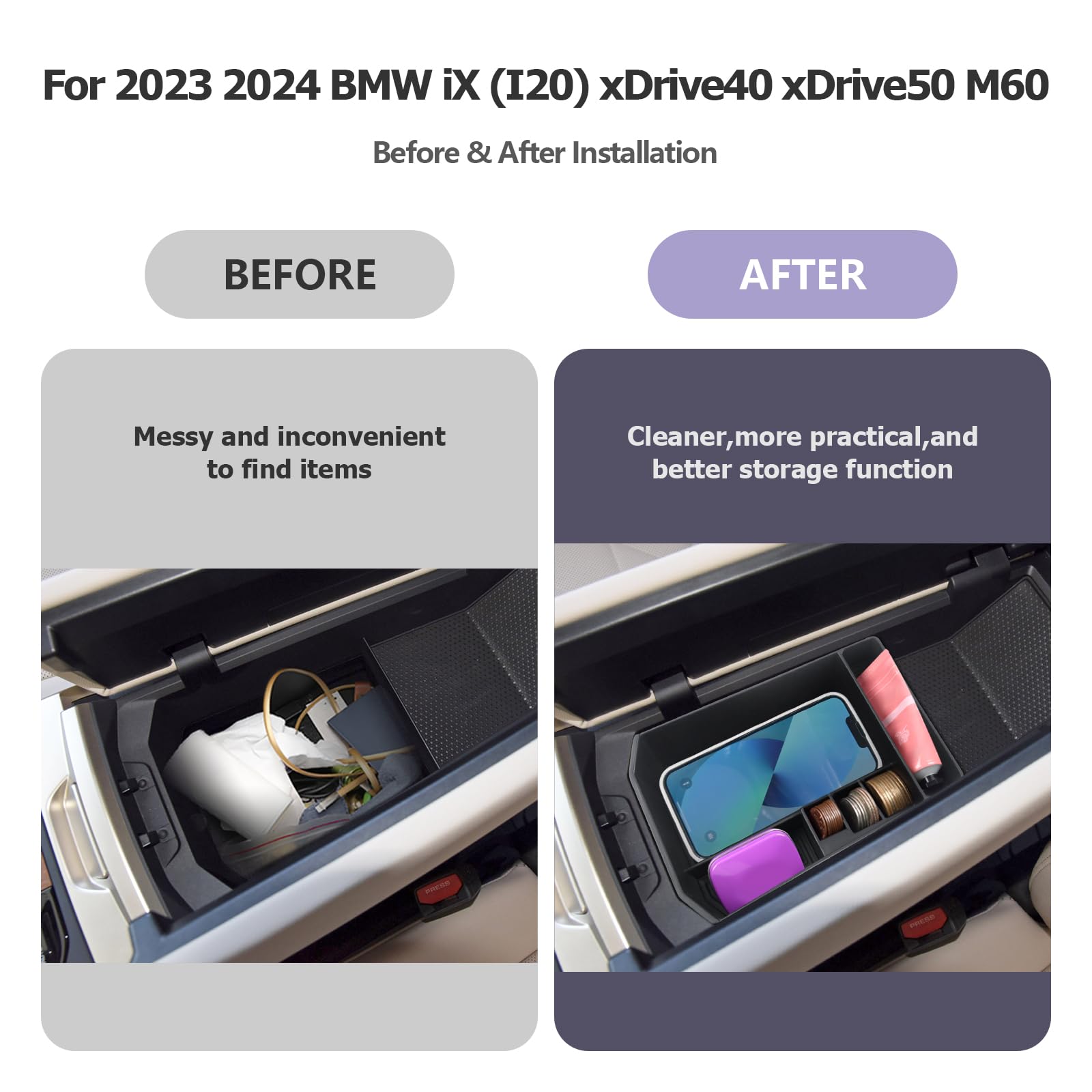 LUWU for 2025 2026 BMW iX Center Console Organizer 2022-2026 BMW iX xDrive45 xDrive60 M70 Armrest Storage Box Armrest Organizer