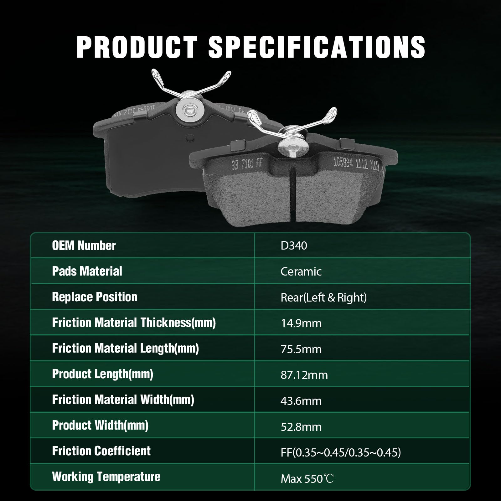 Automuto 4Pcs Rear Ceramic Disc Brake Pads Set D340 For Audi A1 A3 A4 A6 A8 Allroad S4 S6 S8 Tt Clio Renault