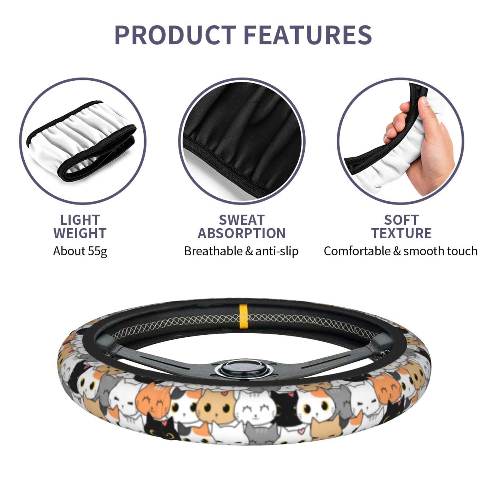 Cat Steering Wheel Cover for Women Men with 2 Pcs Car Coasters, Universal 14.5-15 Inch Cute Steering Wheel Covers Non-Slip Car A