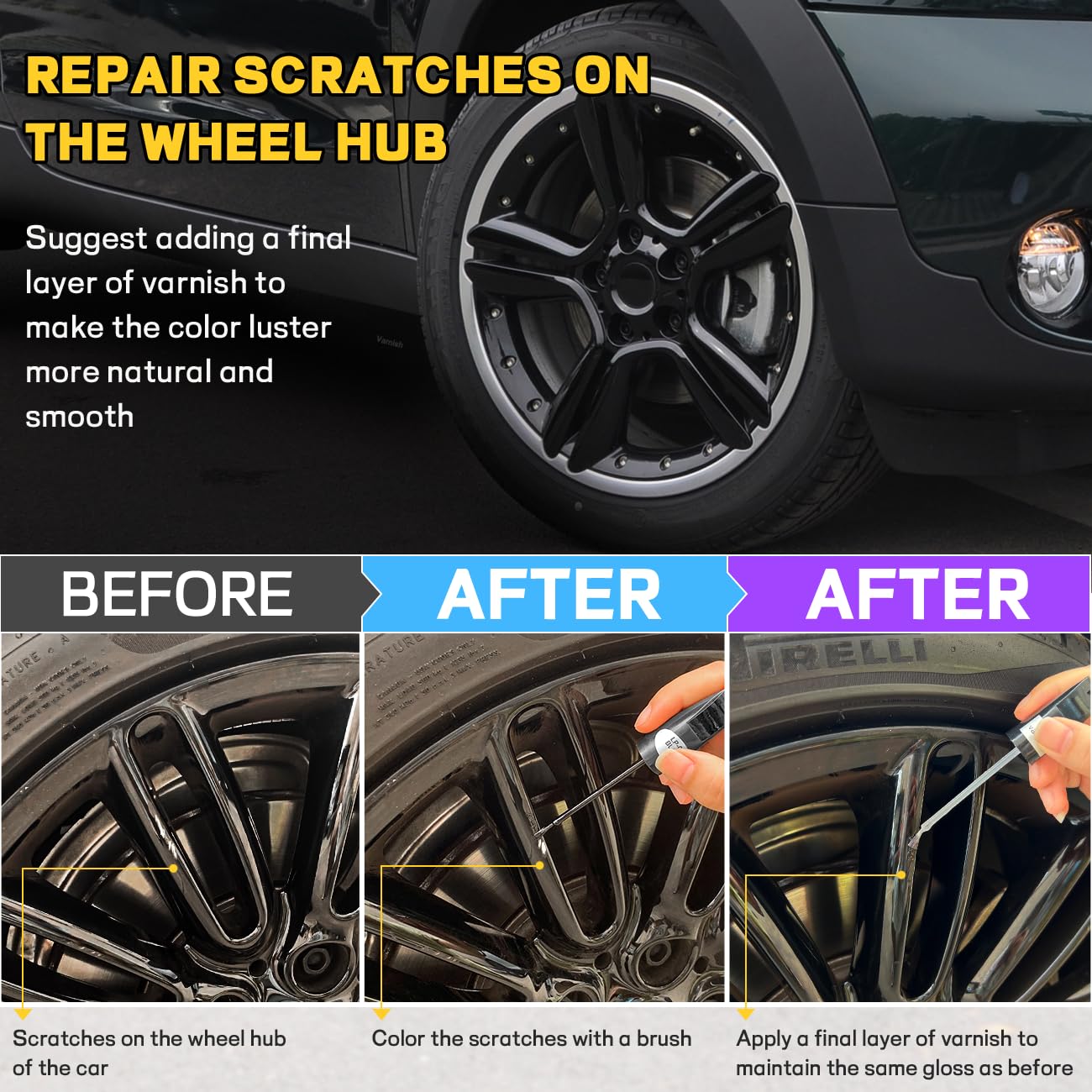 Touch Up Paint Wheel Scratch Fix Cars Rim Scratch Repair Pen Portable Quick And Easy for Car Wheel (Black+Varnish)