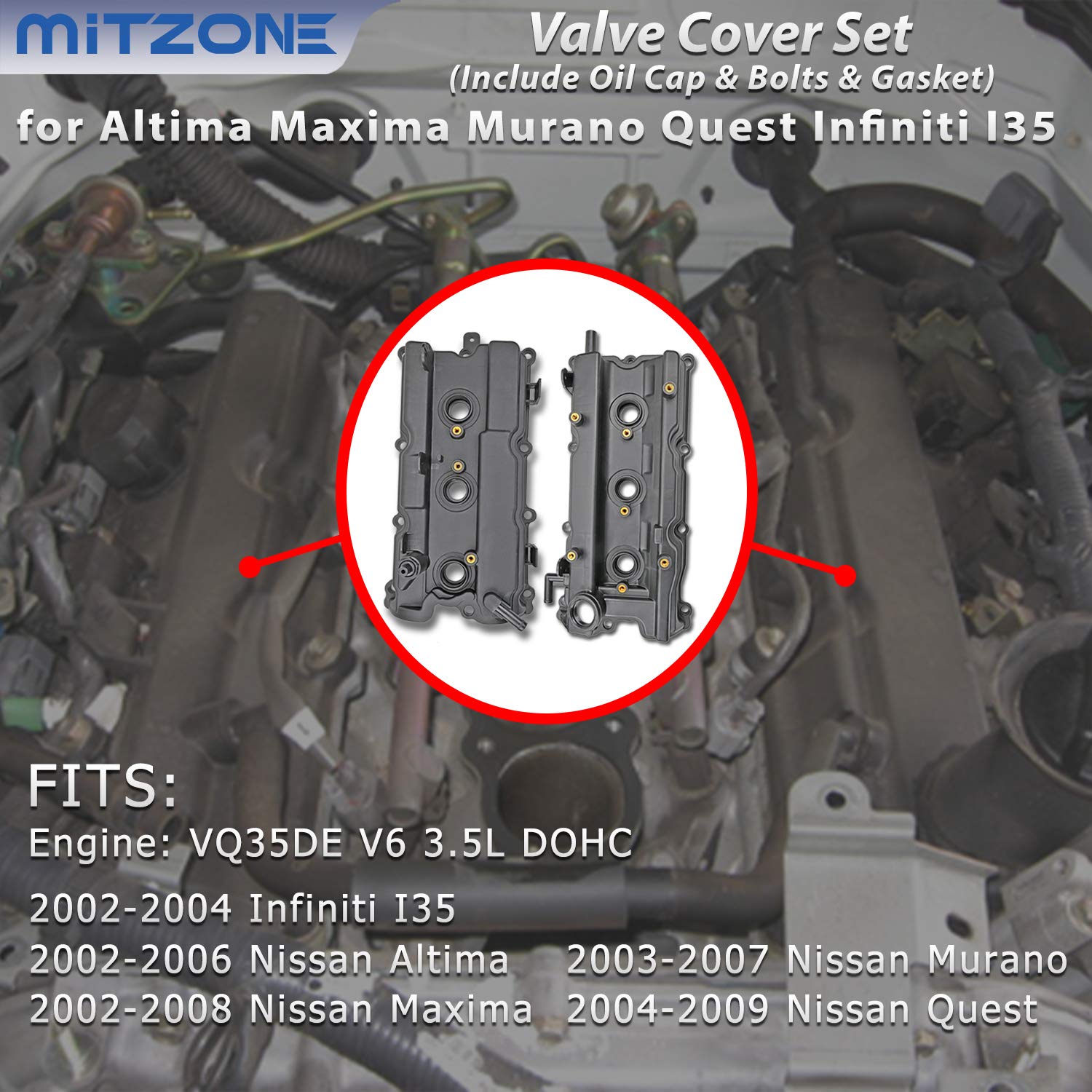 Engine Valve Cover Set With Bolts & Oil Cap & Gaskets & Spark Plug Tube Seals & Pcv Valve Compatible With 2002-2007 Nissan Altima Maxima Murano Quest Infiniti I35 Vq35De V6 3.5L Part# 264-984 265-985