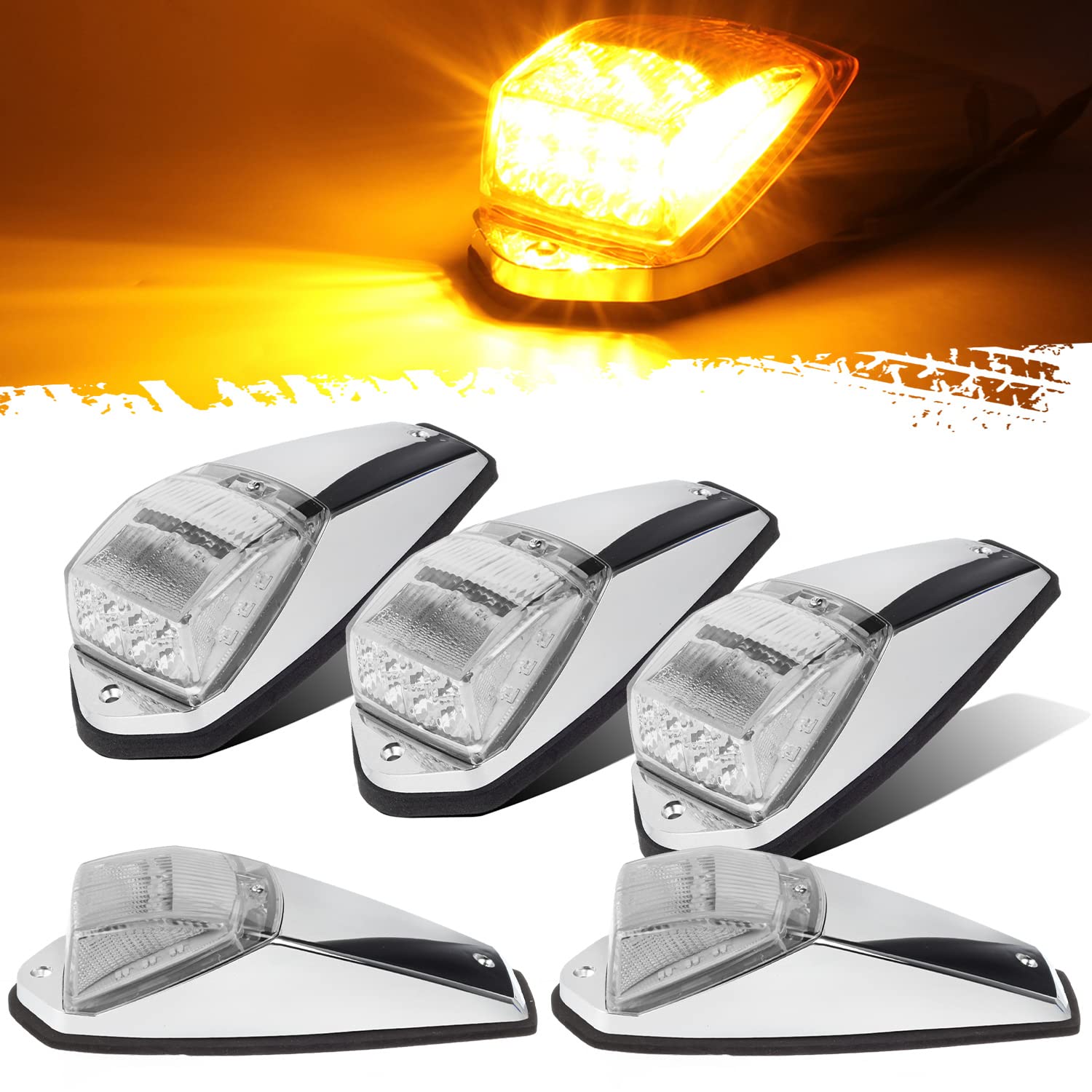 Partsam Truck Cab Lights 5Pcs Clear/Amber Top Roof Running Led Marker Lights Waterproof 17 Led W/Chrome Base Compatible With Pet