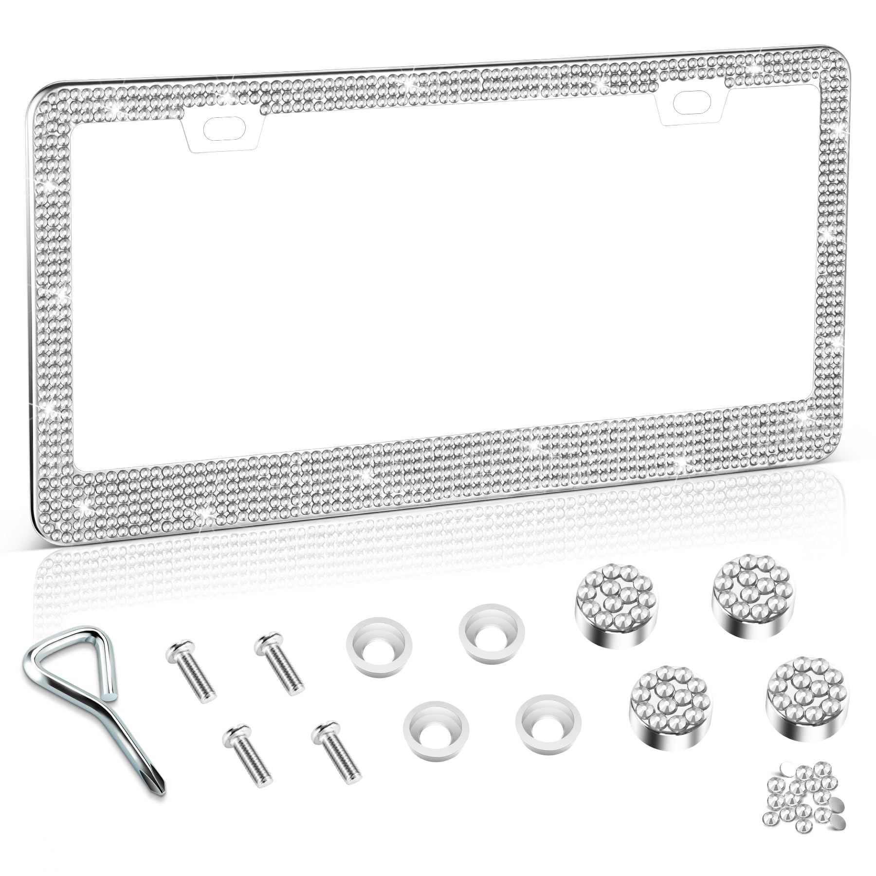 Amiss Bling License Plate Frame For Women, 1Pack Rhinestone Handcrafted Crystal Premium Stainless Steel, Stainless Steel Car Acc