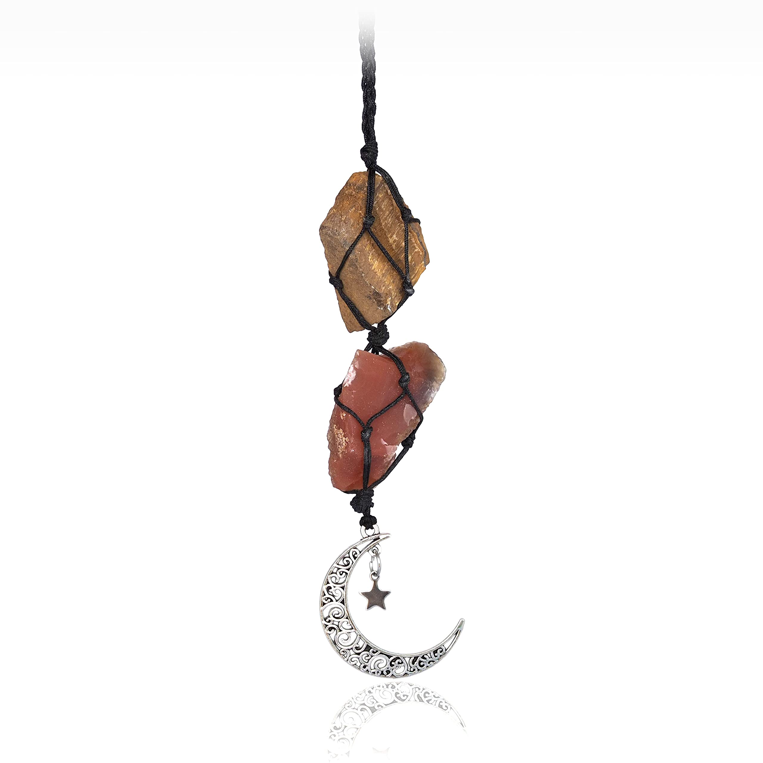 Boho Garden Hanging Car Charm - Tiger'S Eye & Carnelian - Dangling Moon, Healing Crystal Accessories, Rearview Mirror Decorations - Courage, Harmony, Resilience, Transformation, Joy Of Life, Energy