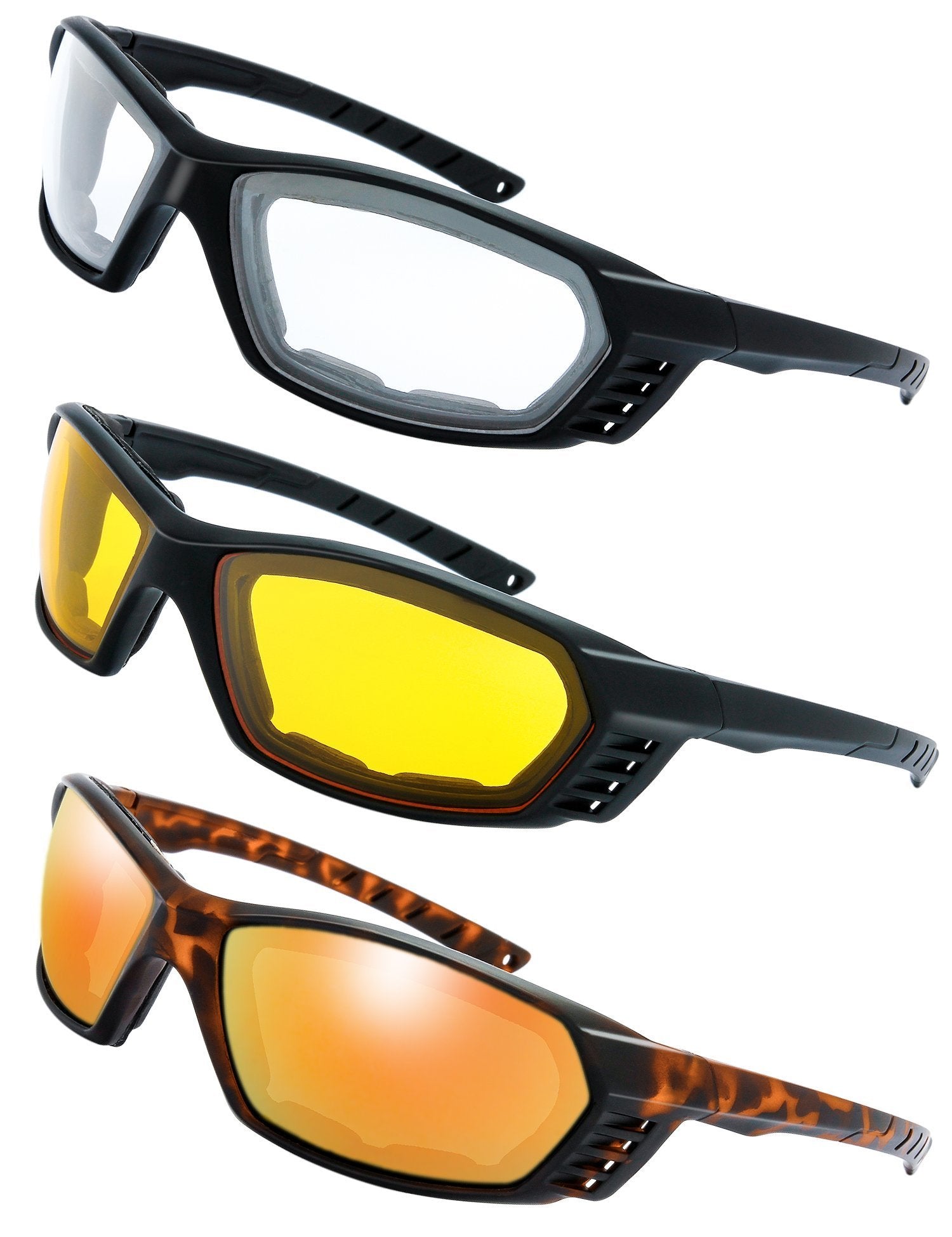 3 Pairs Motorcycle Riding Glasses Padded Frame Lens Block 100% Uvb For Outdoor Activity Sport (8-Matte Black/Tortoise, Clear, Ye