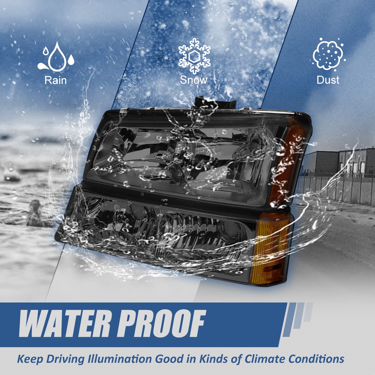 [Halogen Model] 4Pcs Oe Style Headlights Assembly With Bumper Lamps Compatible With Chevy Silverado Avalanche 03-07 (Without Factory Cladding), Driver And Passenger Side, Smoked Lens Amber Corner