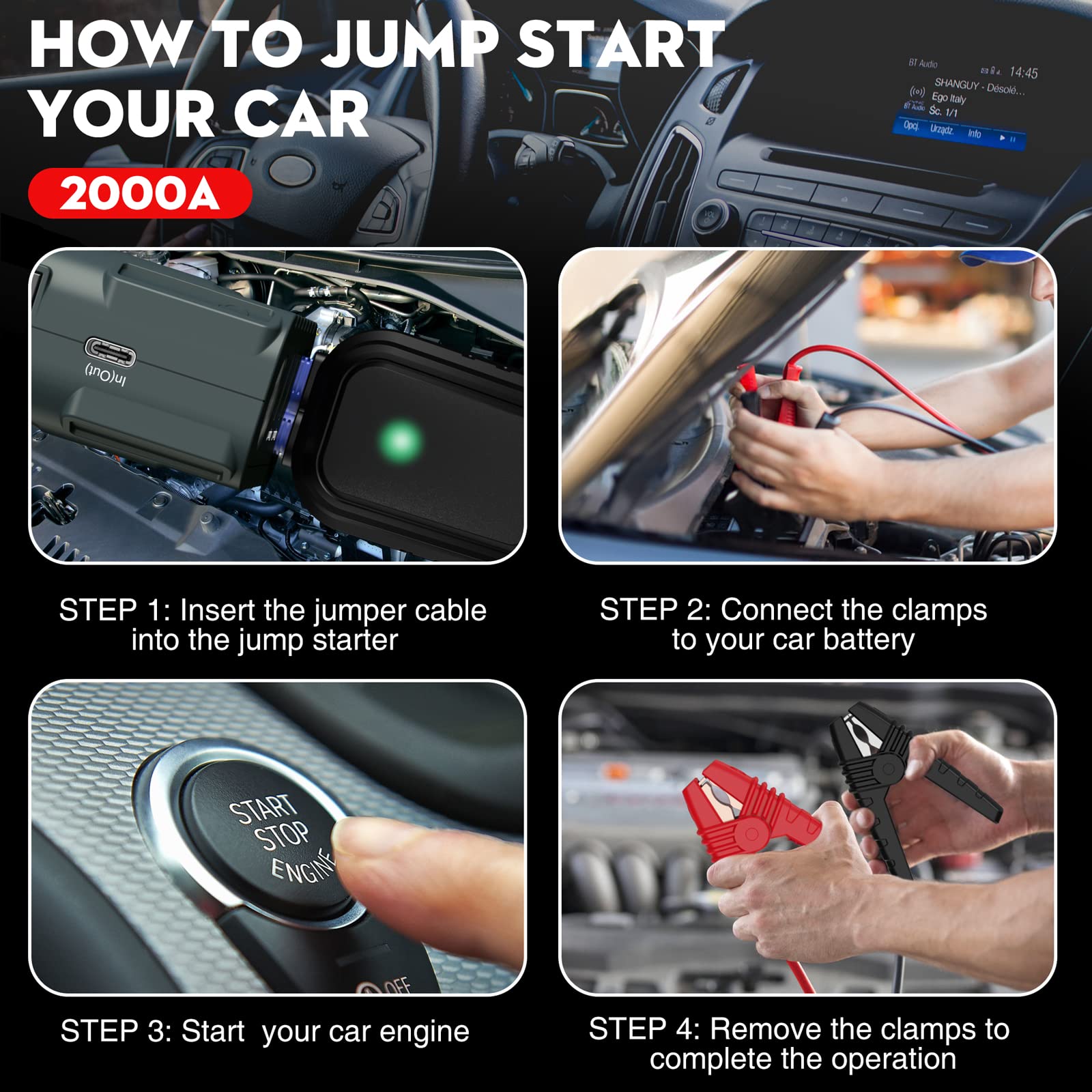 Nexpow 2000A Peak Car Jump Starter With Usb Quick Charge 3.0 (Up To 7.0L Gas Or 6.5L Diesel Engine), 12V Portable Jump Box, Batt