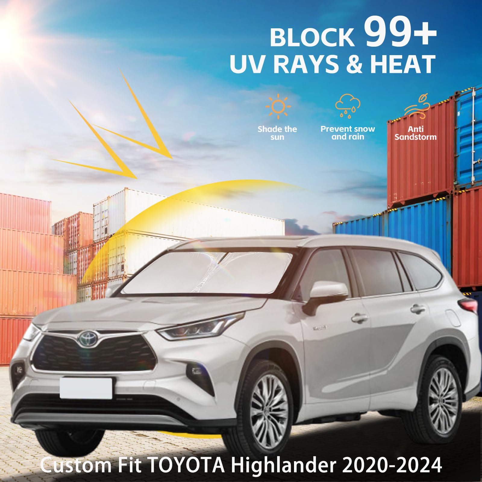 Windshield Sun Shade For Toyota Highlander 2020-2025 Double Layer 240T Front Window Shade Custom Fit Sun Visor Foldable Shade Bl