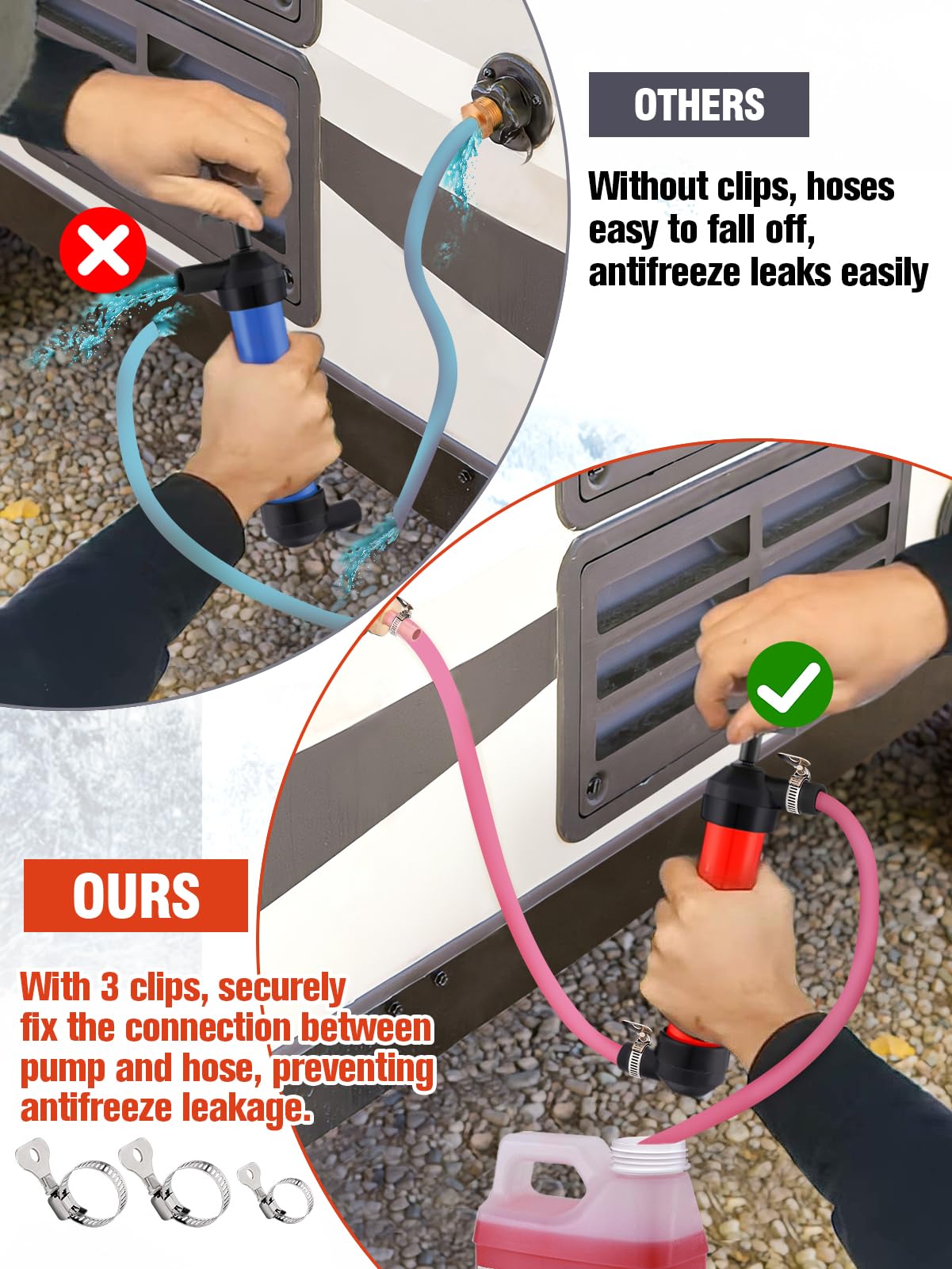 Antifreeze Hand Pump Kit - Rv Water Hand Pump Kit With 3 Clamps, Water System Antifreeze Pump To Make Winterizing Easier For Rv