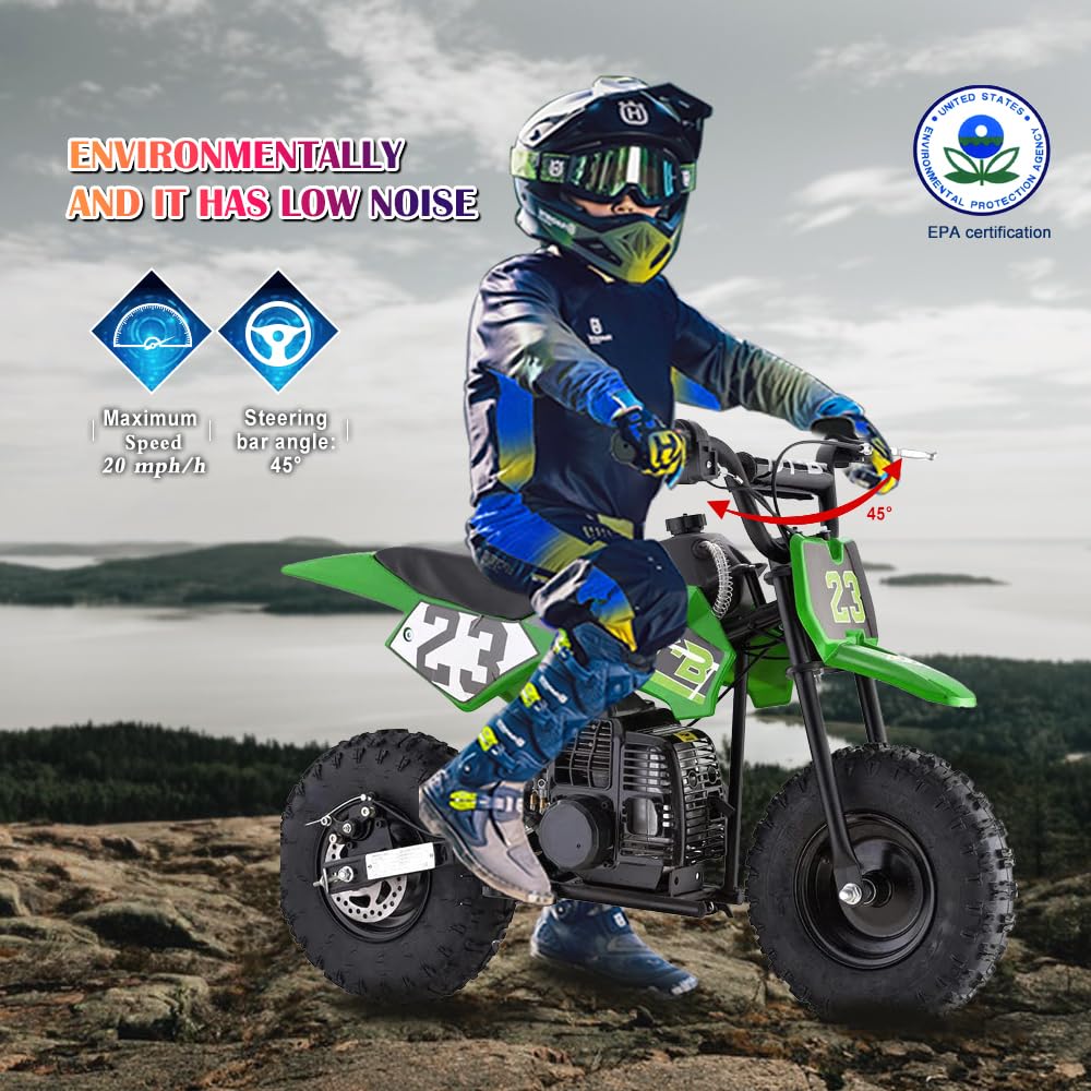 Mini Kid Dirt Bike, 49 CC 2-Stroke Gas Bike with Off-Rode Tire, Suspensions, Disc Brakes, Max Load 160Lbs, Up to 20Mph, EPA Appr