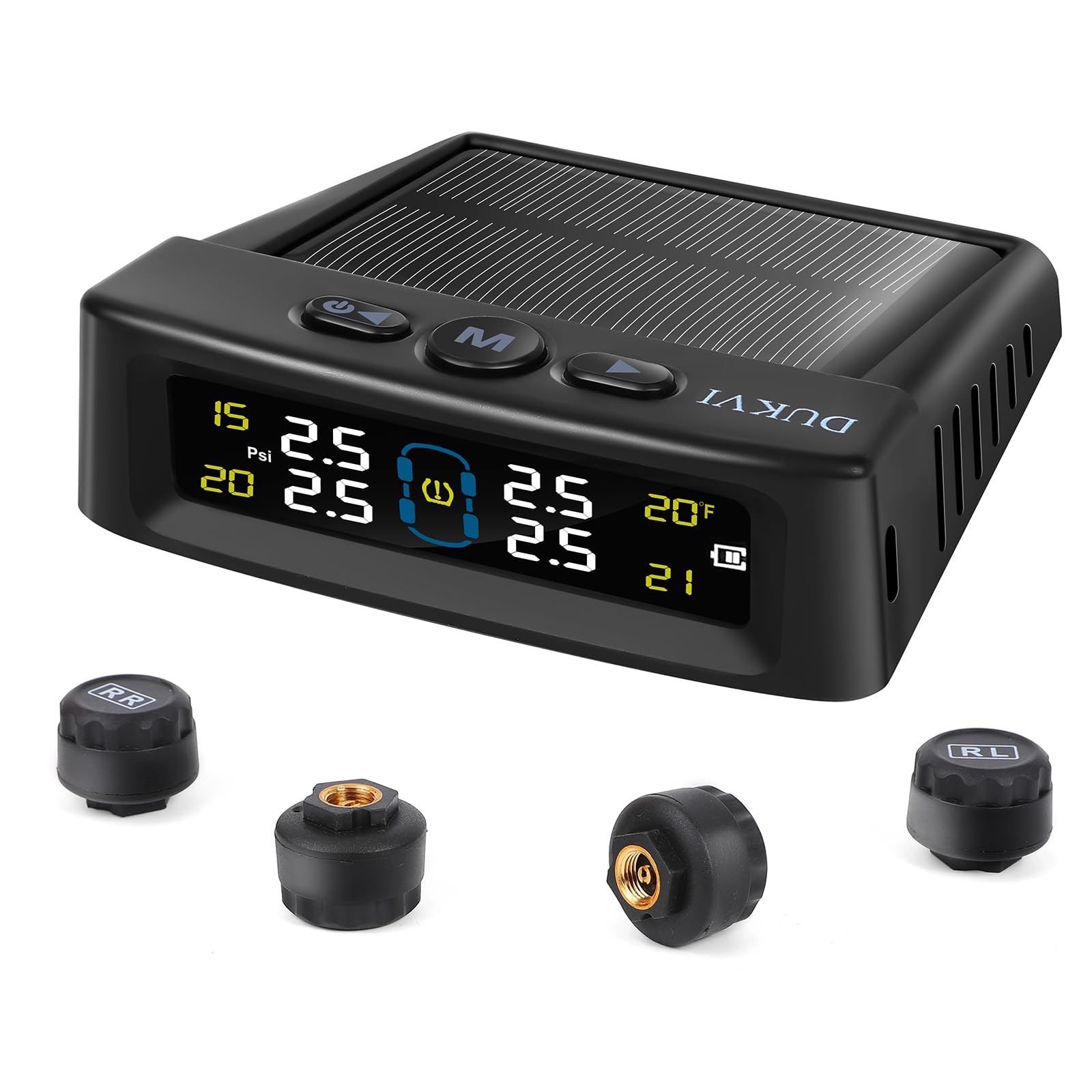 RV Tire Pressure Monitoring System with Solar and USB Charger, Trailer TPMS with 4 Sensors & 6 Alarm Modes, LCD Display Screen, 