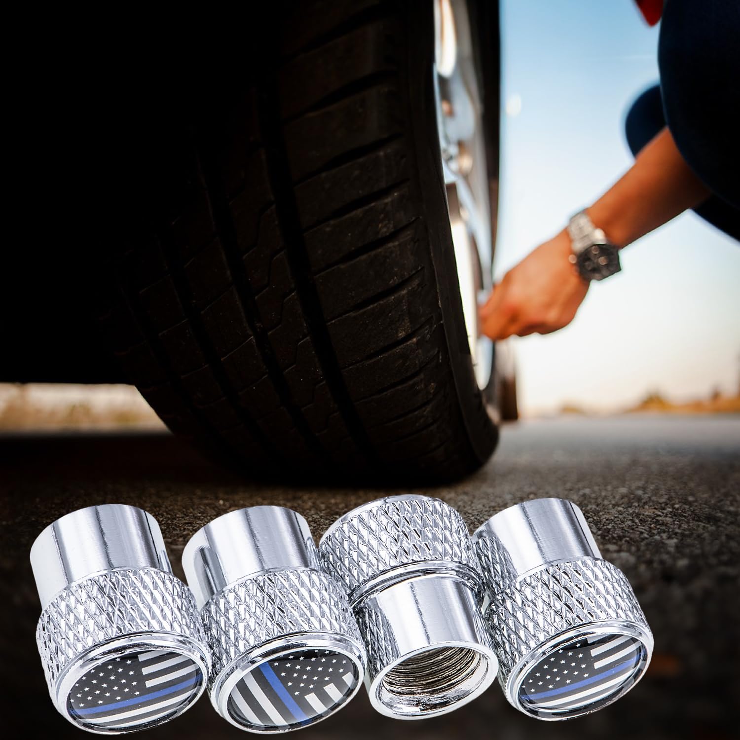 Meajoo 4 Pcs American Flag Plaid Tire Valve Stem Caps, Corrosion Resistant Premium Aluminum Alloy Valve Stem Covers, Universal D