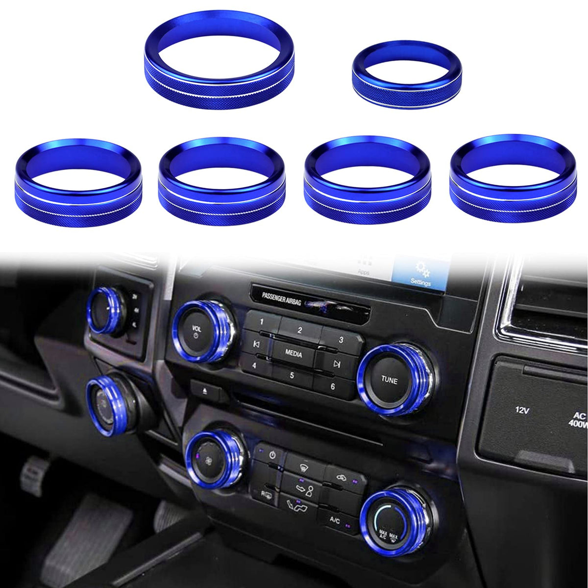 Kujunpao Air Conditioner Switch Trim Cover Aluminum Center Console Knob Compatible for Ford F150 XLT Accessories 2015-2019 6PCS(