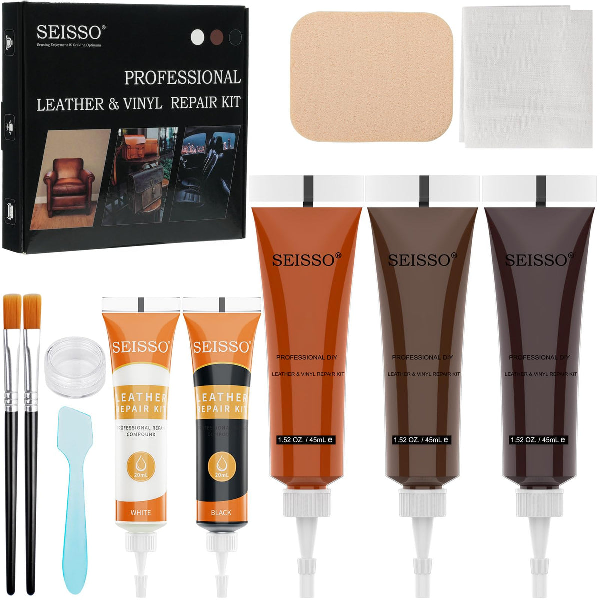 SEISSO Leather Repair Kit for Furniture, Brown Leather and Vinyl Repair for Couch, Boat Seat, Car Interior, Jacket, Purse, Fix T