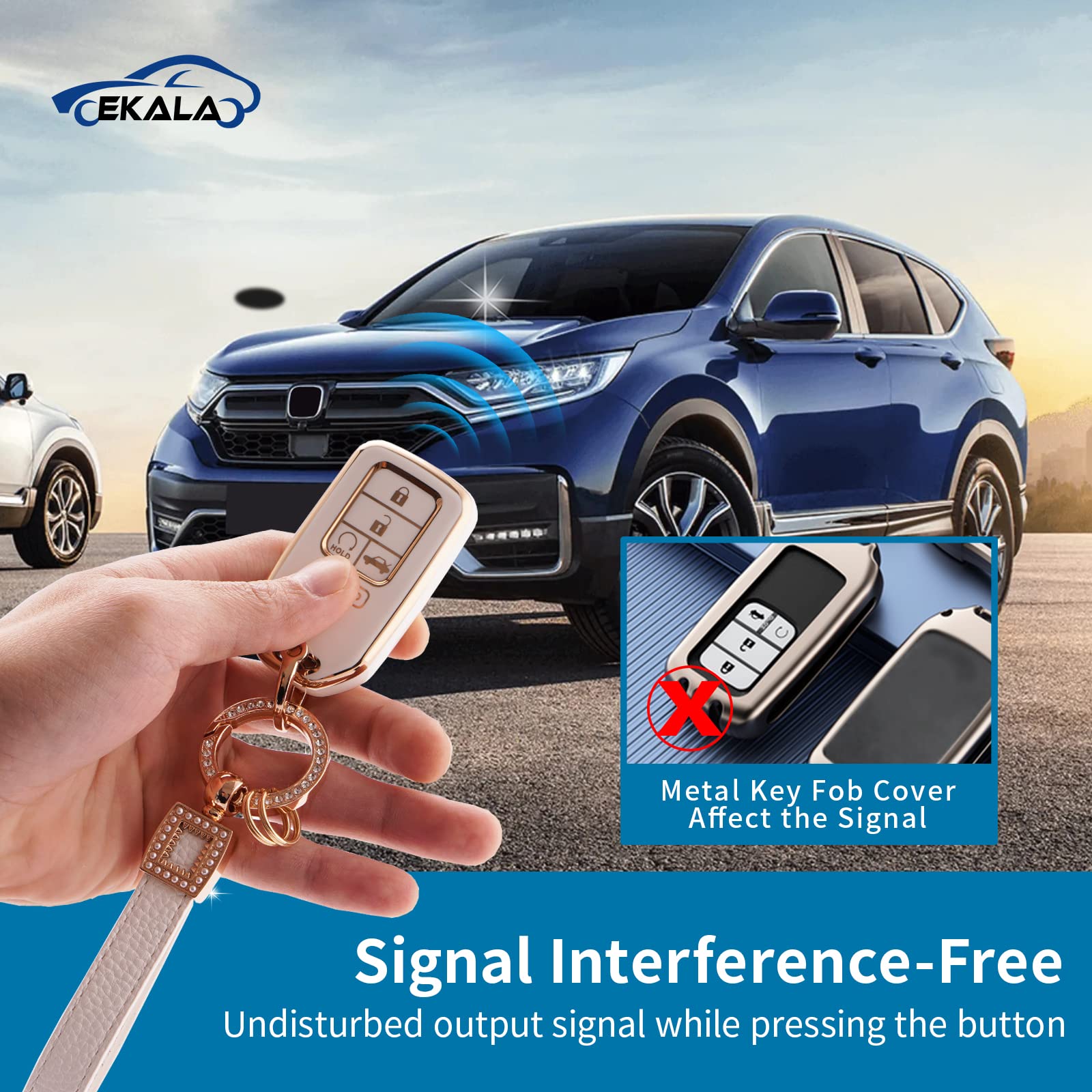 EKALA Honda Key Fob Cover with Leather Keychain, White, Compatible with Accord Civic CR-V Odyssey Pilot Key Fob