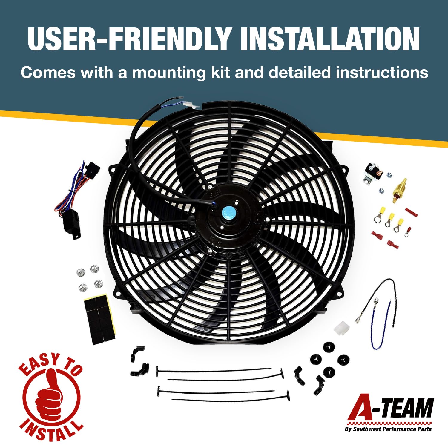 A-Team Performance - 16'' Electric Radiator Cooling Fan with Wide S-Curved 10 Blades - Thermostat Kit 3000 CFM Reversible Push o