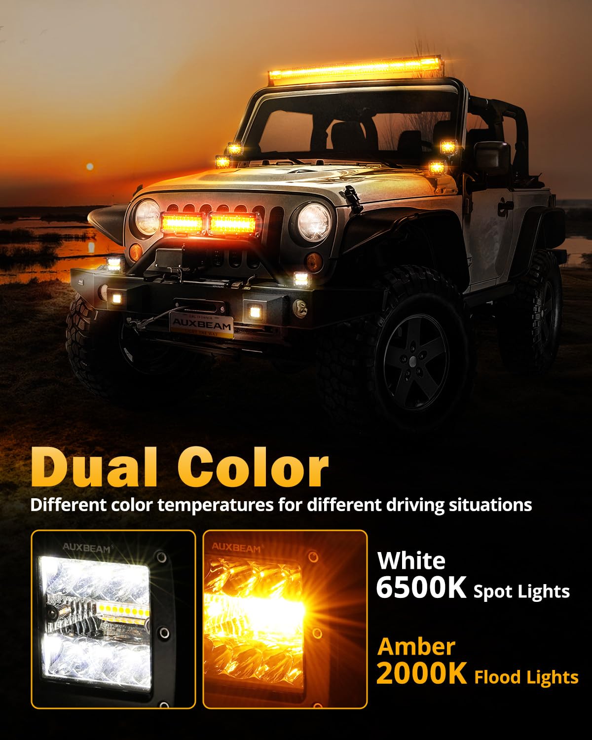 Auxbeam 6 Modes Amber White Series, 3Inch 72W Led Cubes Dual Color Off-Road Strobe Lights, Flood Spot Combo Offroad Fog Ditch Li