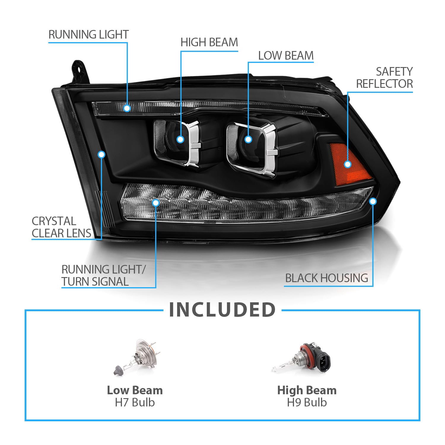 Amerilite For 2009-2018 Dodge Ram 1500 2500 3500 [Both Model] Upgraded Projector Switchback Led Tube Black Headlights Assembly P