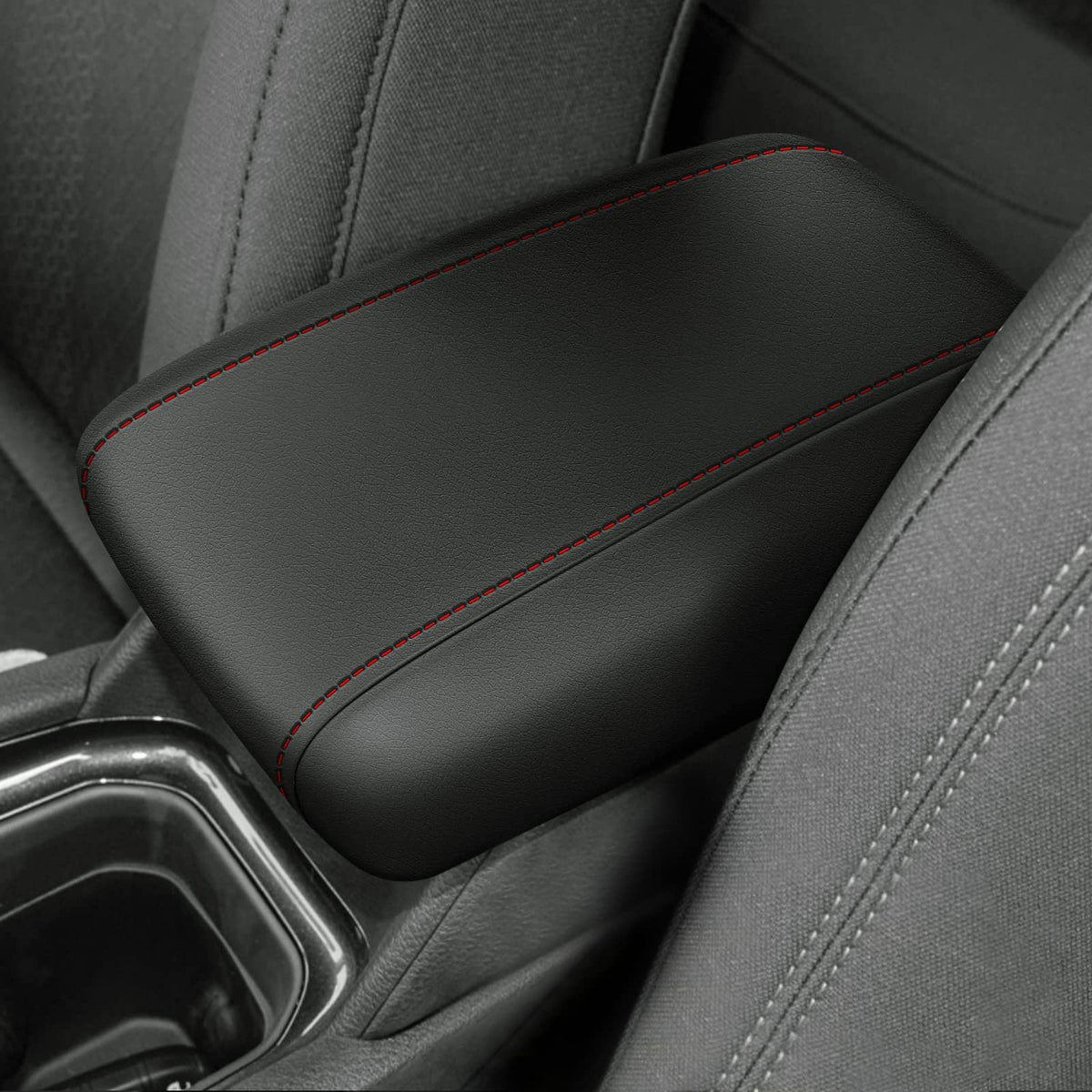 AOMSAZTO Armrest Covers for Jeep Compass 2017-2022 2023 Black with Red Stiches